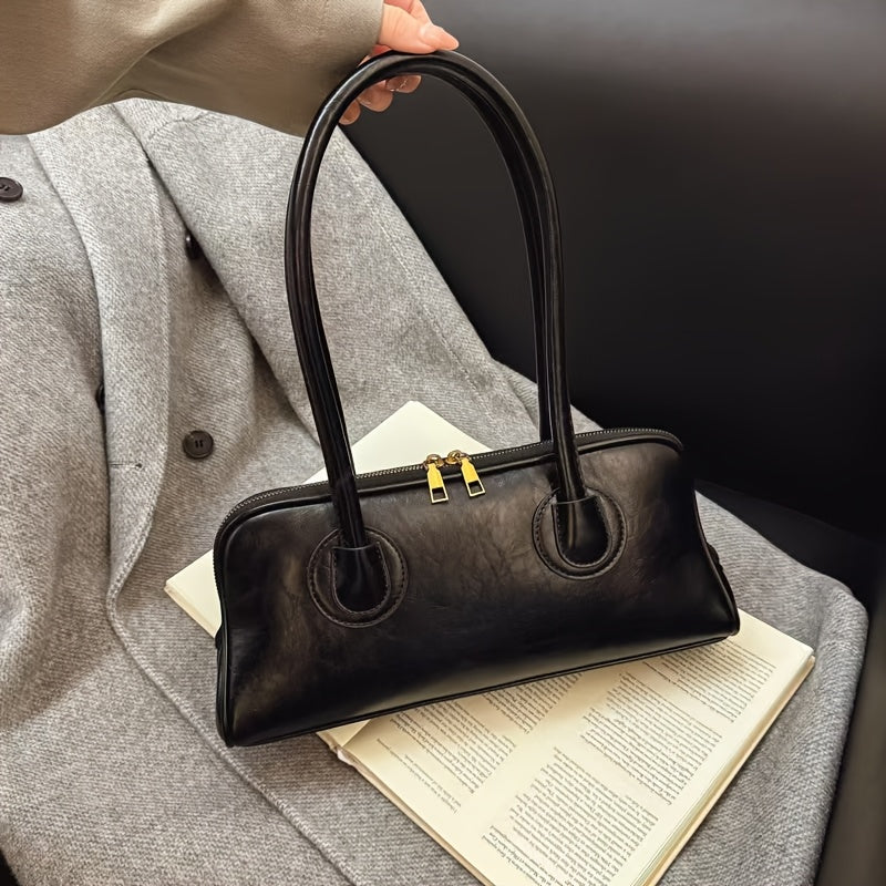 Sac épaule vintage pour femmes – style baguette français chic automne/hiver 2025, doublure polyester, fermeture zippée, marron foncé élégant avec ferrures dorées, polyvalent et sécurisé pour voyages