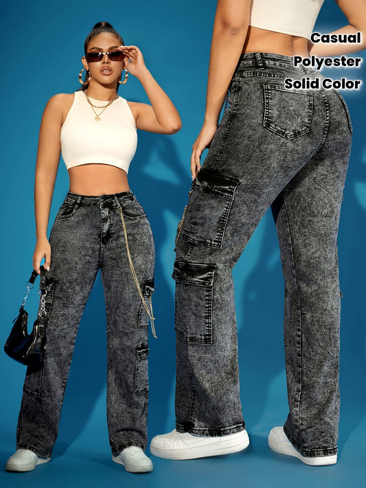 Jeans Cargo Femme Taille Haute Extensible Couleur Unie Chaîne Boutons Toute Saison Longueur Totale