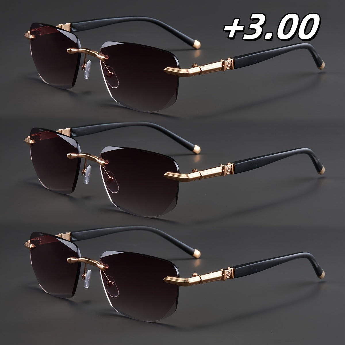 3-Pack, Stylish Men's Frameless Reading Glasses, Elegant Metal Frame, Options: 100, 150, 200, 250, 300, 350, 400 Degrees,christmas Gifts