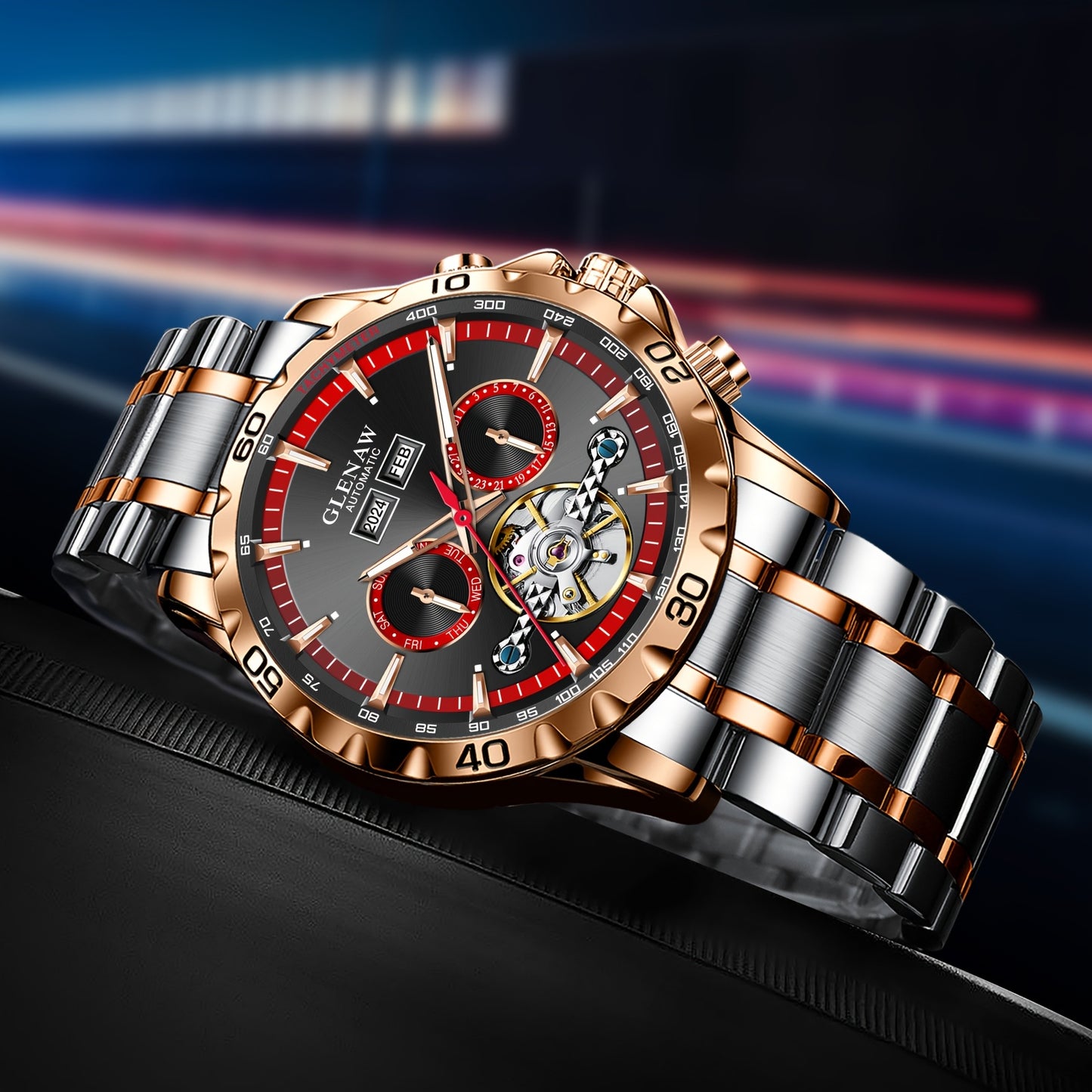 Montre automatique pour homme – Montre multifonctionnelle avec boîtier et bracelet en acier inoxydable, montre mécanique à remontage automatique avec affichage de l’année, du mois, du jour et de la semaine