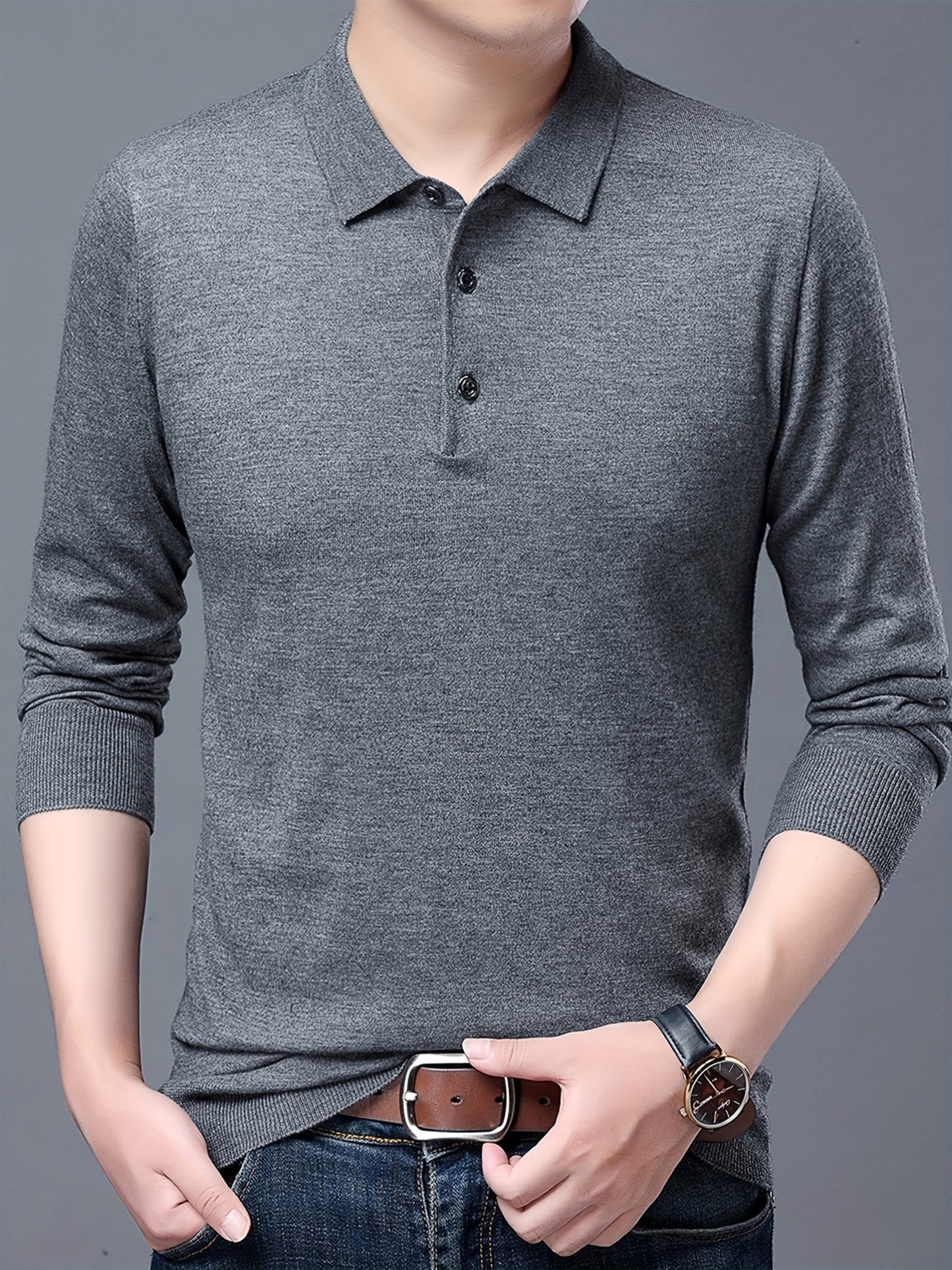 Men'S Slim-Fit Long Sleeve Shirt - Soft Stretchy Knit Button-Front Collar, Solid Color Casual & Formal Tops for Spring/Fall, Office, Party, Everyday - Easy-care Men'S Clothing, Office Attire, Classic Collar, Durable Construct
