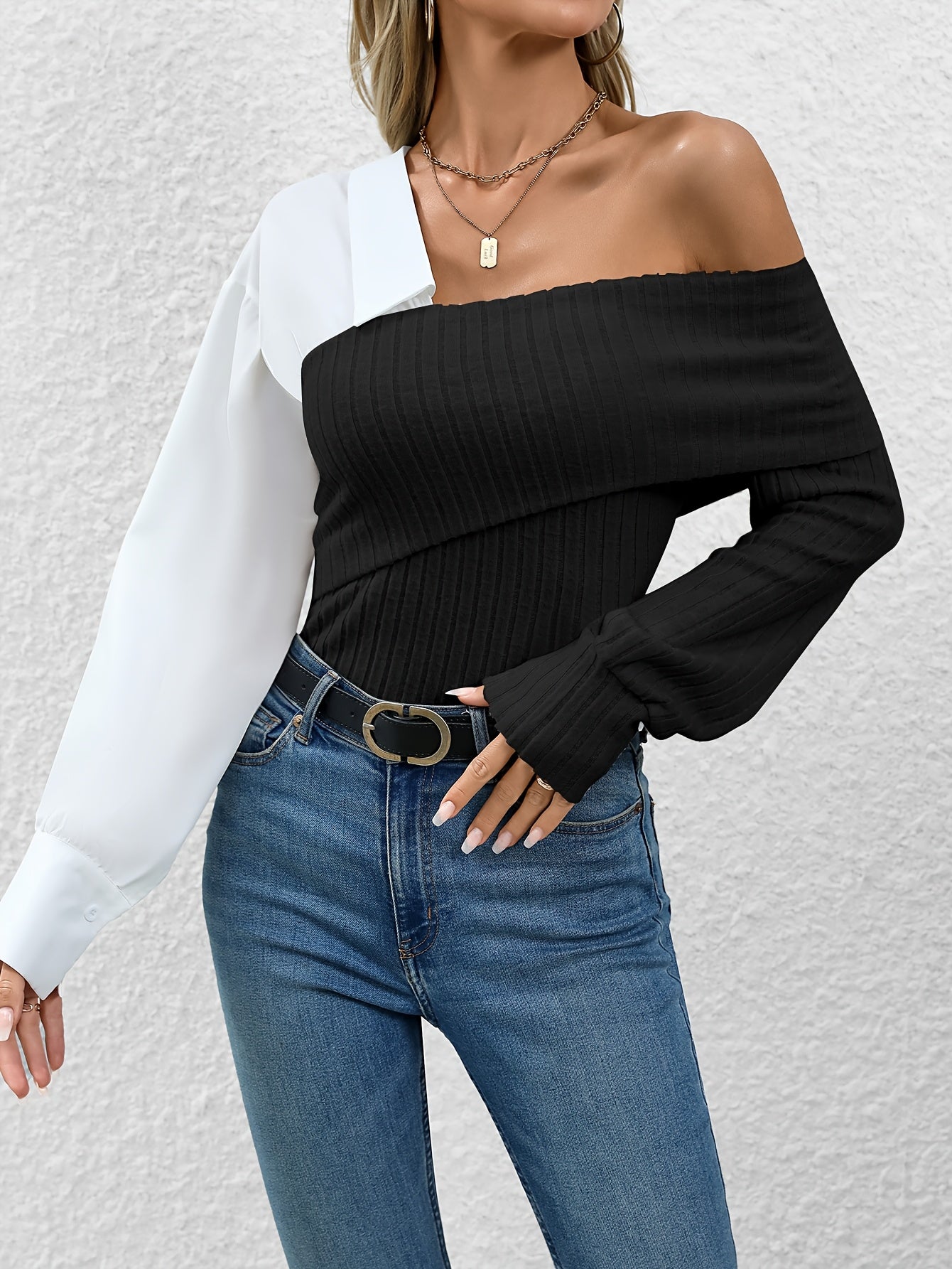 Top élégant à une épaule pour femmes – Patchwork, sans bretelles, mélange polyester/rayon/spandex, casual, automne/hiver