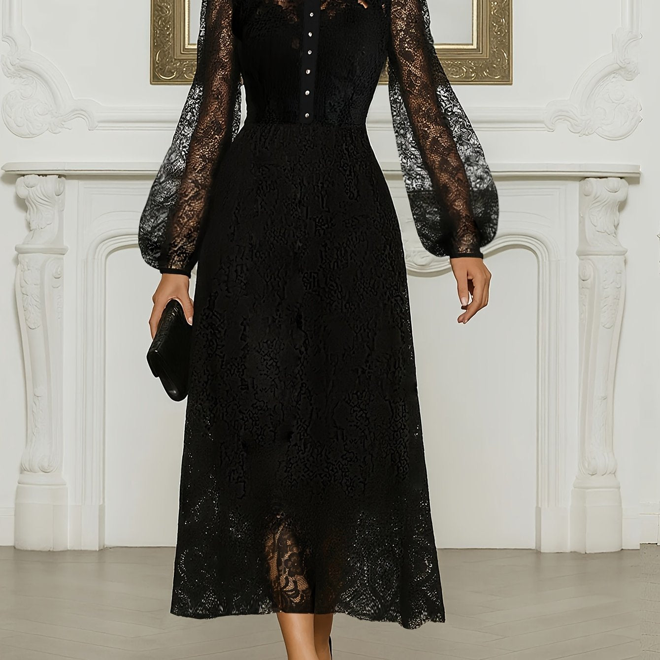 Elegant Women'S Long-Sleeve Lace-Trimmed Crew Neck Dress | Spring/Fall Season, Non-Stretch, A-Line Pendulum Style with Zipper Detail