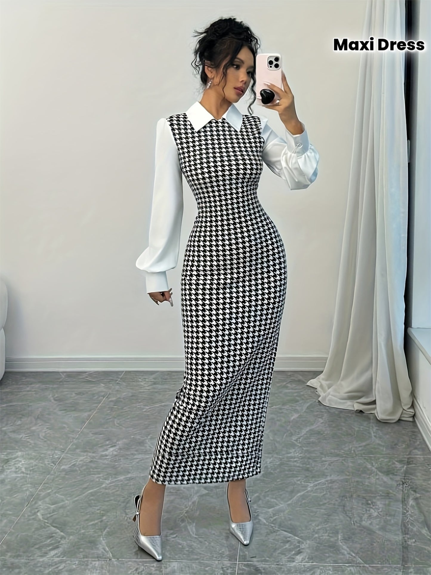 Women's Elegant Houndstooth Maxi Dress with Collar & Piping - Slim-Fit Long Dress, Sleeve, Machine Washable Fabric for Weddings, Parties, Fall Winter Events - Year-Round Wear for short or tall (Matching outfits available)