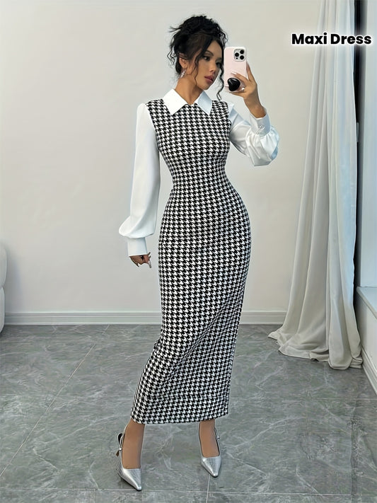 Women's Elegant Houndstooth Maxi Dress with Collar & Piping - Slim-Fit Long Dress, Sleeve, Machine Washable Fabric for Weddings, Parties, Fall Winter Events - Year-Round Wear for short or tall (Matching outfits available)