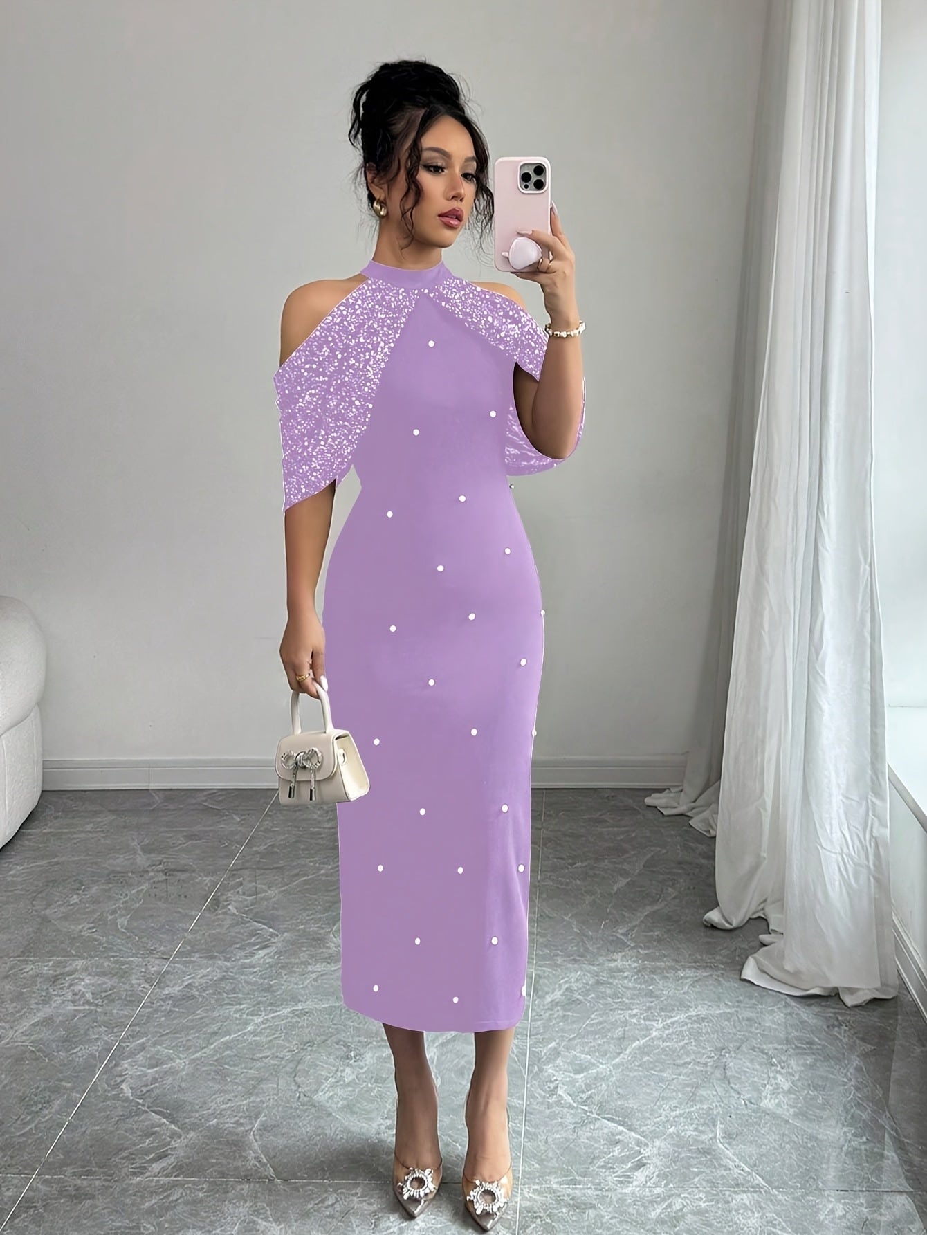 Pearl Bodycon Dress | Off-Shoulder Sequins + Back Cutout, an Elegant Evening Gown.