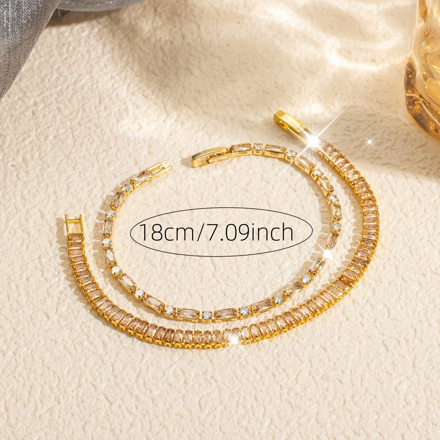Lot de 2 Bracelets Tennis Femme – Style Élégant et Sexy, Alliage de Cuivre Plaqué Or 18K, Hypoallergénique et Anti-Oxydation, Design Unisexe, Zirconium Synthétique Rectangulaire 3A Effet Champagne, Bijoux Raffinés