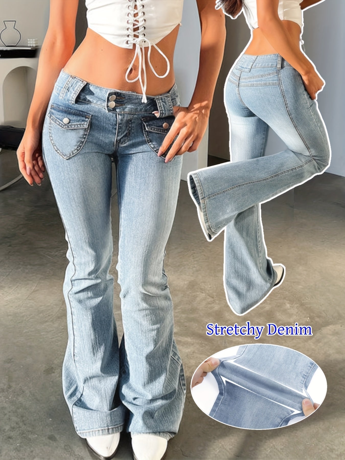 Jeans Femme Sexy Rétro Taille Basse Slim-Fit Évasé Extensible Bleu Clair Effet Usé Poches Utilitaires Double Boutons Zippé
