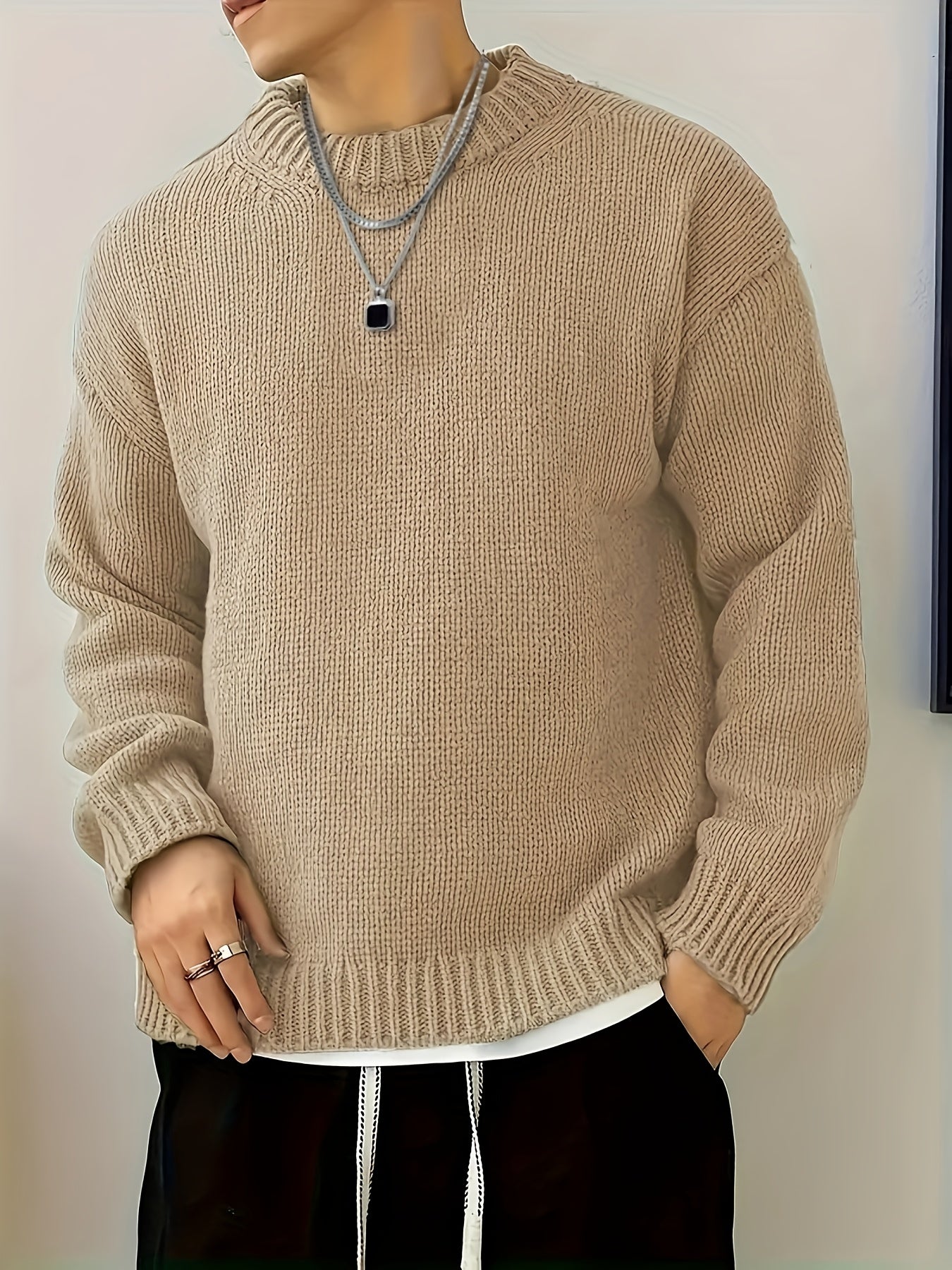 Men'S Olive Green Sweater - Soft Round Neck Long Sleeve Winter Warmth, Solid Color Casual Pullover for Fall/Winter, Regular Fit Casual Attire