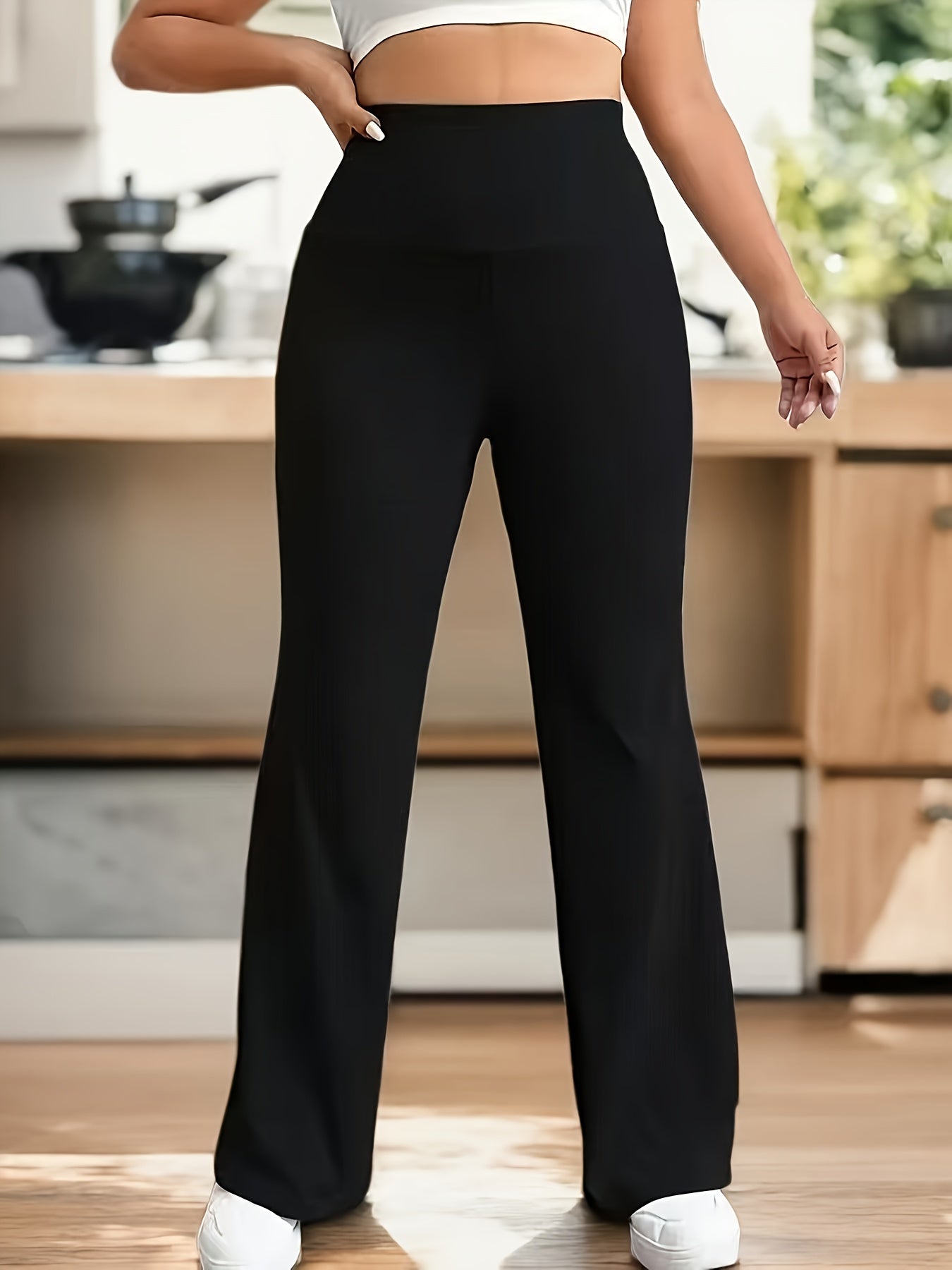 Pantalon Femme Grande Taille – Noir, Jambe Évasée Extensible, Polyester 210g, Bureau et Décontracté, Tous Saisons