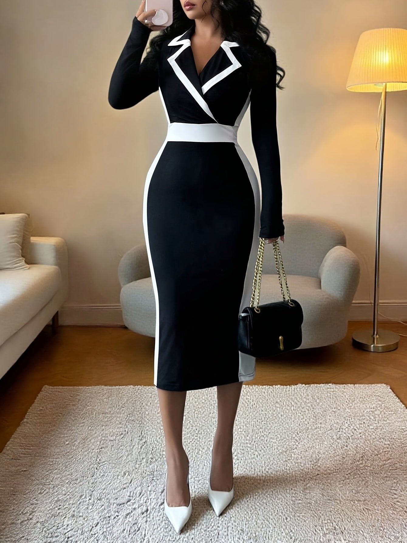 Women's Autumn and Winter Contrast Color Fashion Elegant Commuter Party Outing Long Sleeve Dress