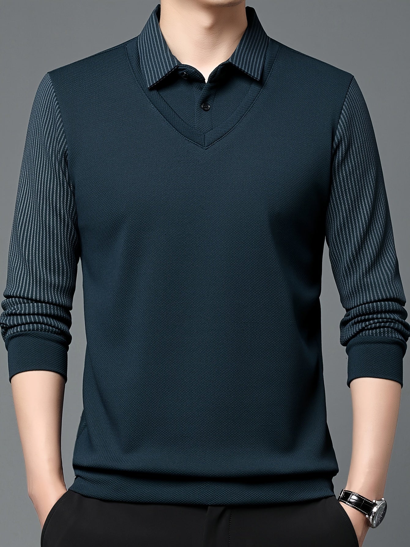 Solid Fake Two-piece Lapel Versatile Shirt Tops, Breathable Long Sleeve Golf Shirt For Casual Daily Wear, Spring And Autumn