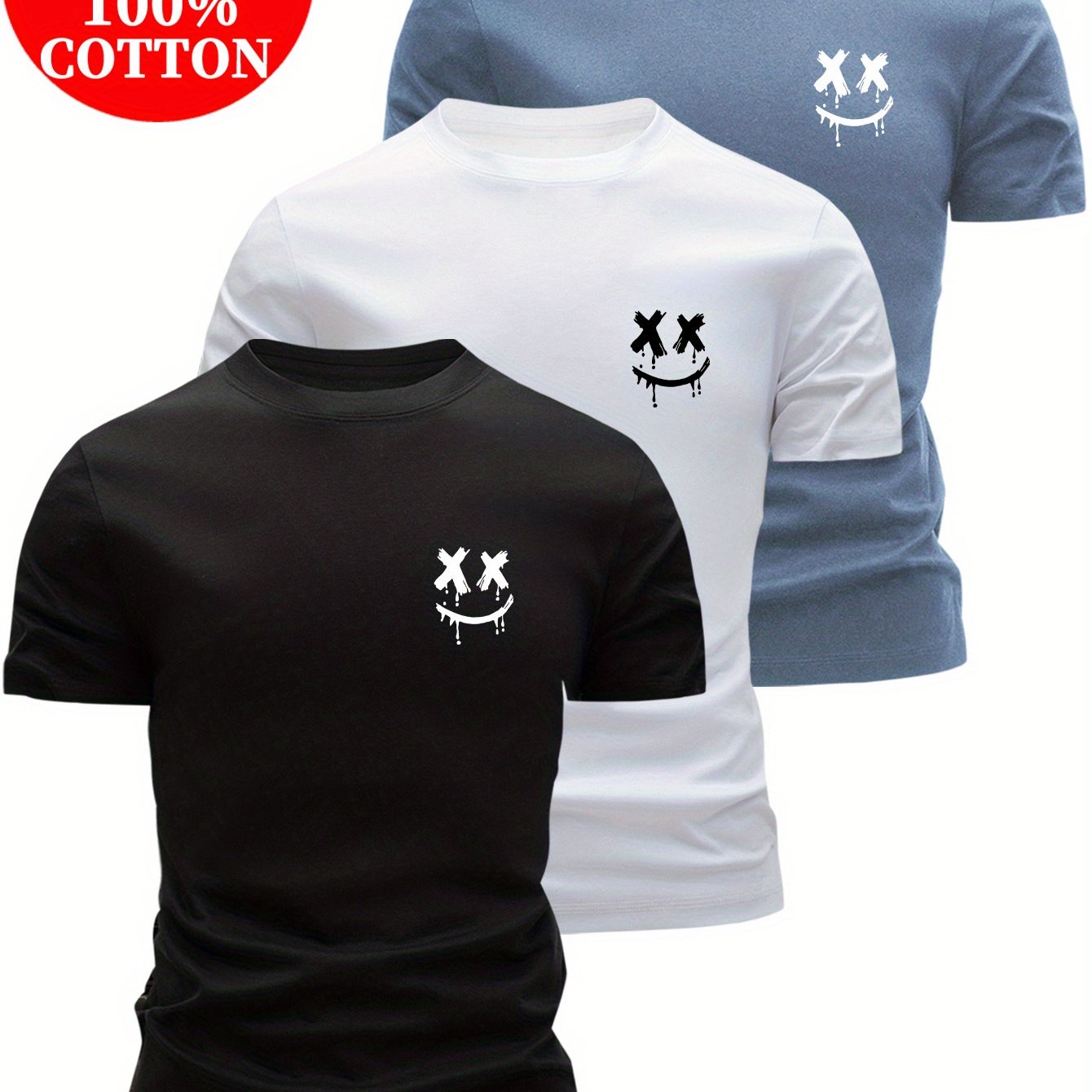 3pcs 100% Cotton T-Shirts, Casual Crew Neck Top for Men's Summer Streetwear, Summer Outfit, Everyday Clothing, Trendy Tshirt, Urban Fashion, Soft Material, Breathable Fabric, Cotton Tee, Multipack Shirts, Young Adults, Casual