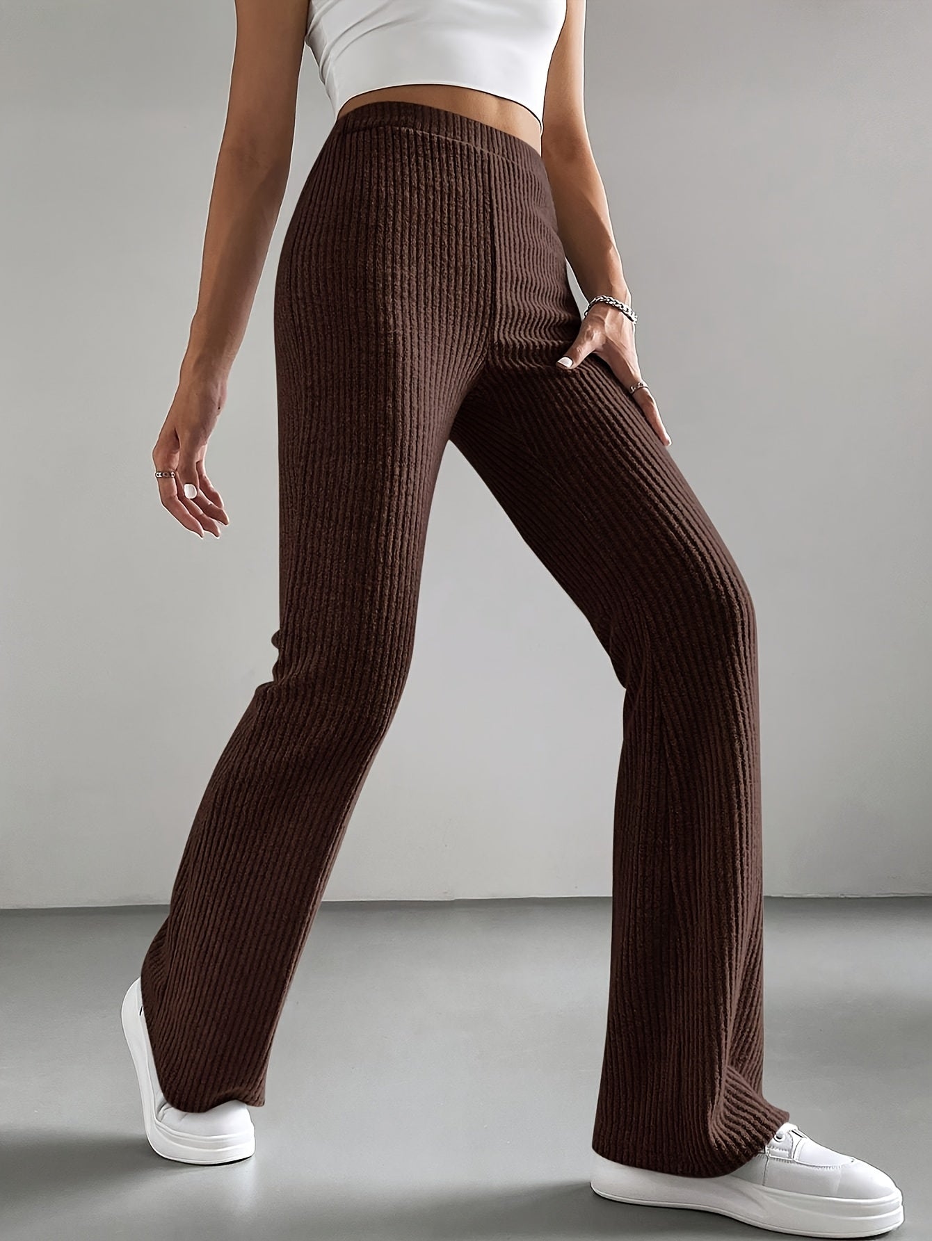 Pantalon Femme Taille Haute Évasé – Couleur Unie, Taille Élastique, Confortable et Stylé, Tous Saisons