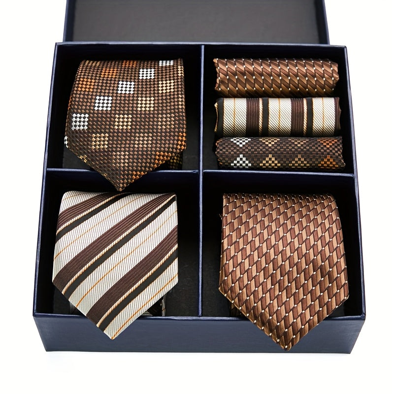 Coffret Cravate et Pochette Homme – Luxe, Motifs Rayés & Carreaux, Marron