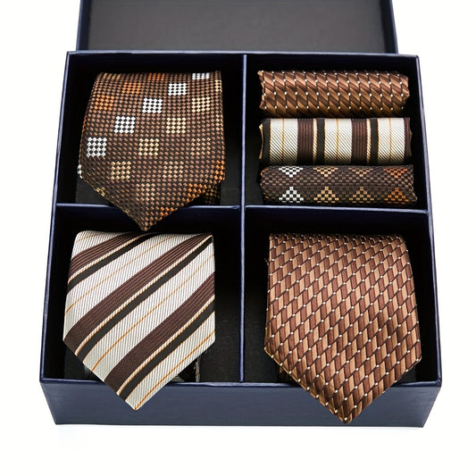 Coffret Cravate et Pochette Homme – Luxe, Motifs Rayés & Carreaux, Marron