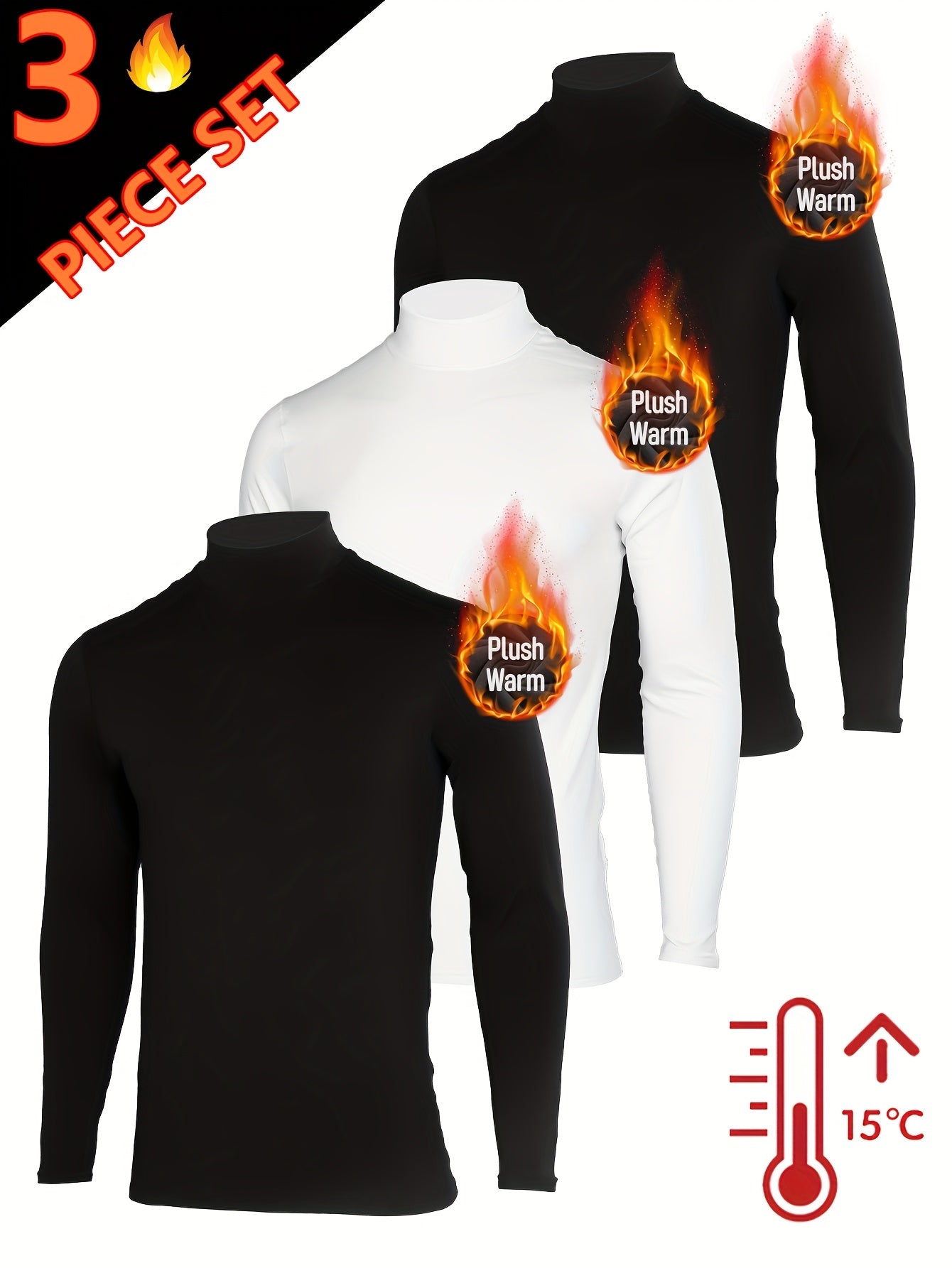 3pcs Sous-Vêtements Thermiques Homme – Col Montant Manches Longues