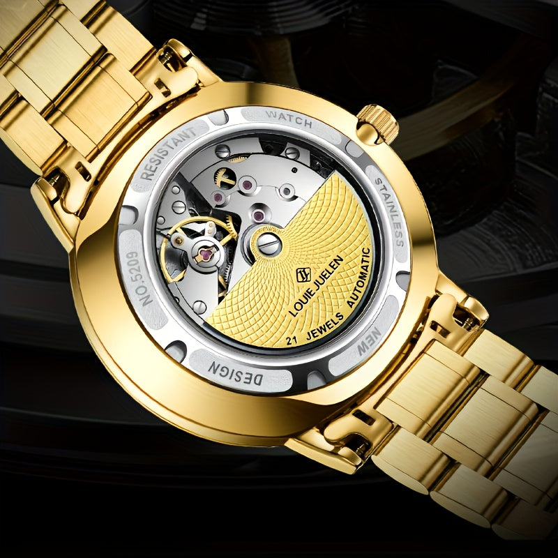 Battery-Free Men's Automatic Mechanical Watch, Smooth Sailing Series, All-Golden Noble Men's Wristwatch, Suitable as a Gift for Family, Partner, and Friends, Formal Accessory, Stylish Timepiece, Classic Watch, Elegant Timepie