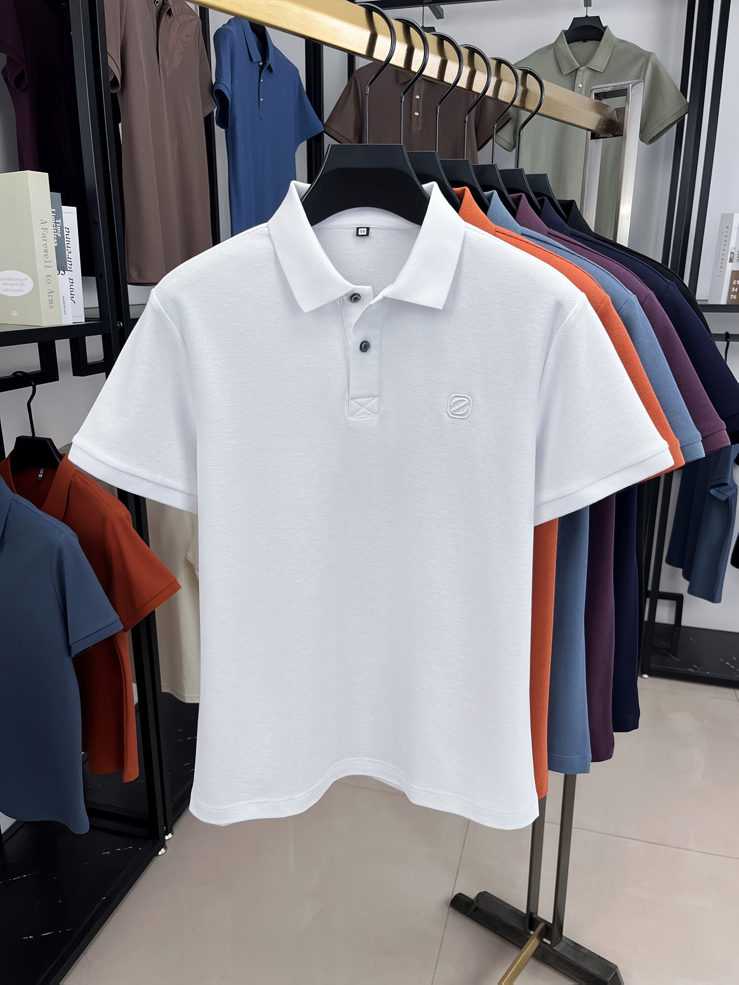 Men's Slim-Fit Short Sleeve Shirt - Breathable Black with White Collar & Logo, Classic Lapel Neck, Wrinkle-Resistant Fabric for Spring/Autumn, Versatile Casual & Semi-Formal Wear - Easy Care (Hand Wash/Dry Clean) - ZBZP25 Col