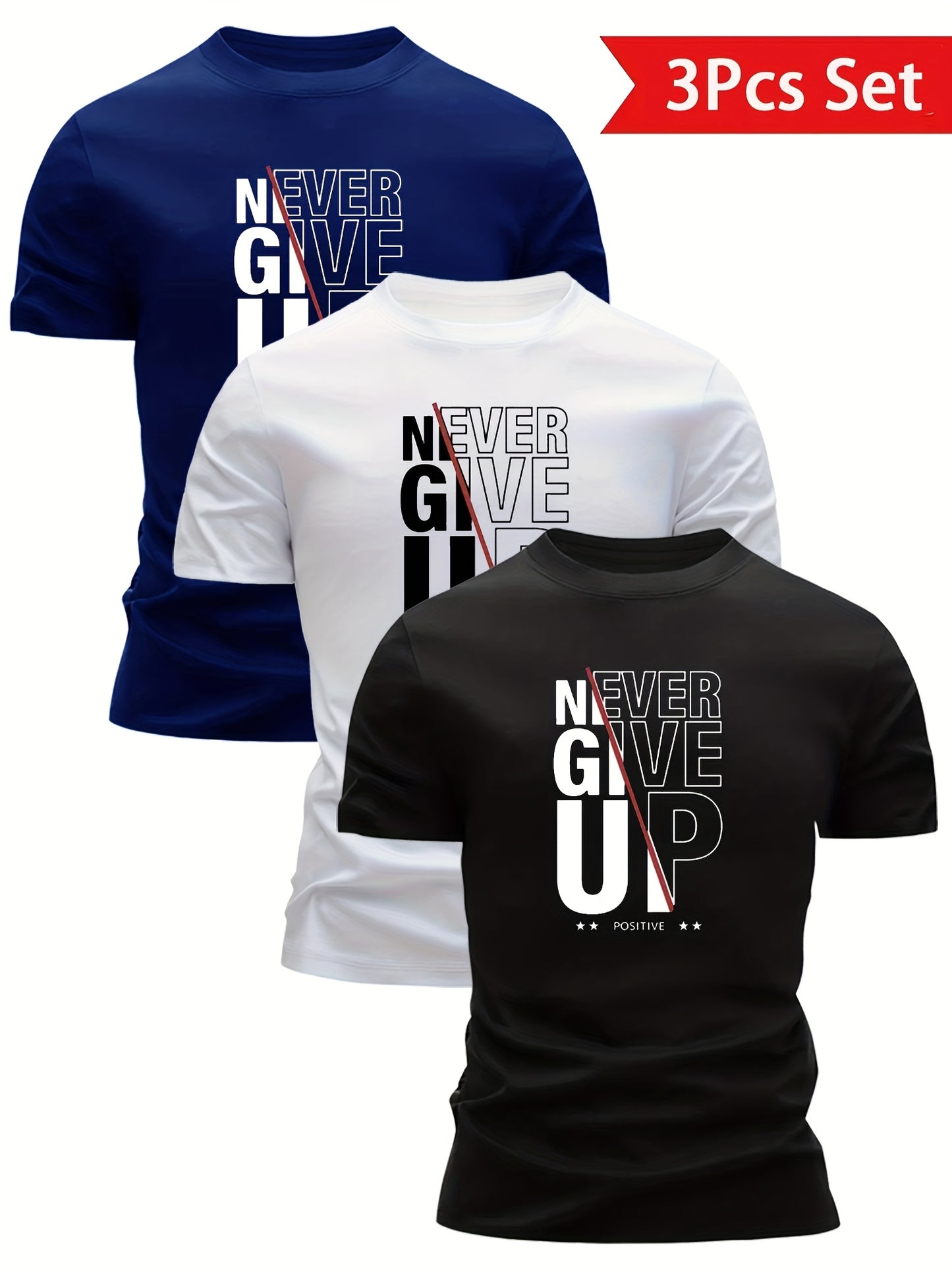 Set of 3 Mixed Print 'Never Give Up' Short-Sleeve Men'S Ultra-Light Round Neck T-Shirts - Quick-Drying, Breathable, Sweat-Absorbing Shirts, Perfect for Summer Casual Wear, a Great Gift for Men with a Round Neck Design, Sweat-