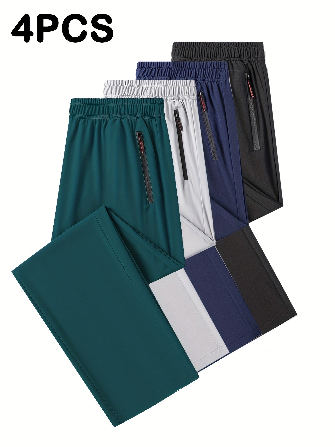 4pcs Pantalons Homme Casual – Cordon, Léger & Stretch, Poches Zippées, Running & Jogging