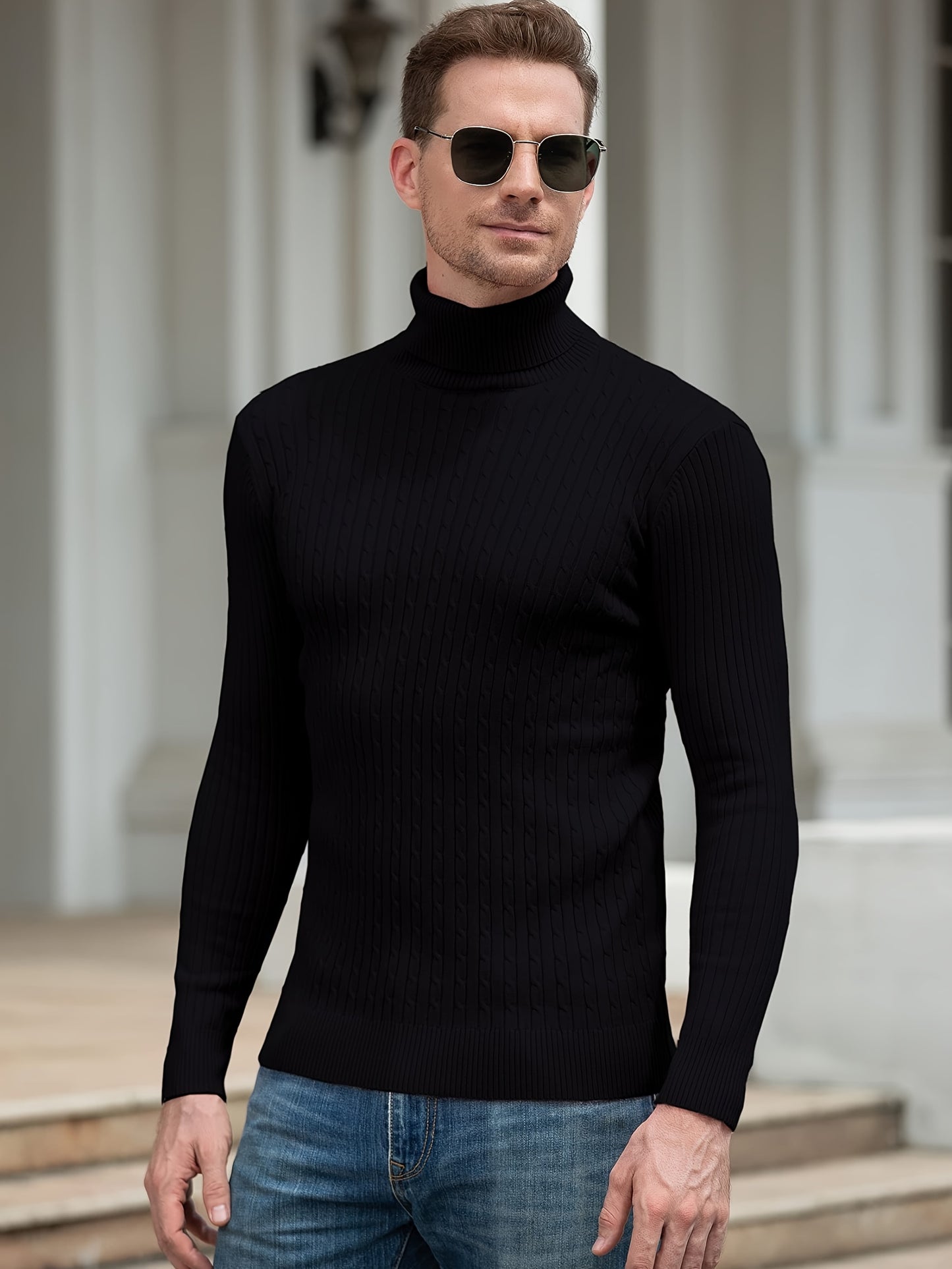 Men's Casual Turtleneck Sweater - Long Sleeve Stretch Knit Pullover, Regular Fit Solid Color Golf & Party Wear, Autumn Winter Wardrobe Essential, Winter Apparel, Academic Style, Ribbed Texture, Cold Weather Clothing, Classic