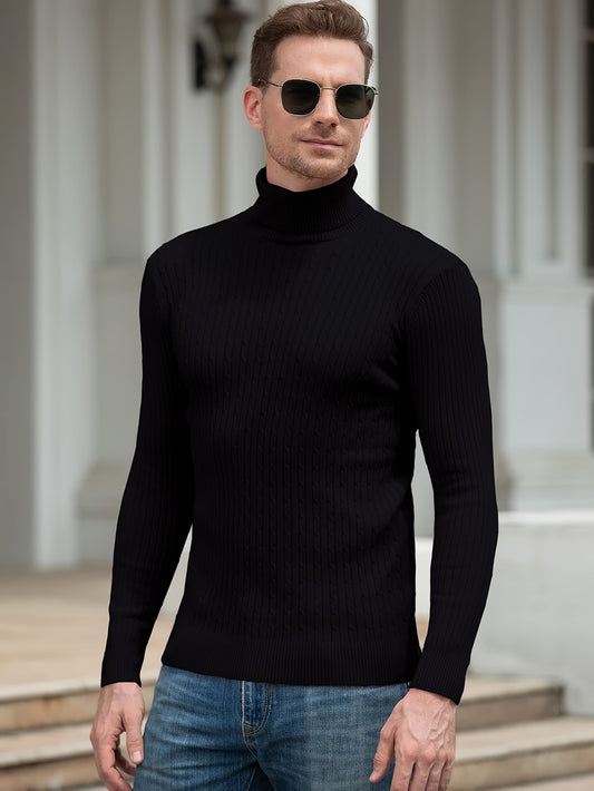 Men's Casual Turtleneck Sweater - Long Sleeve Stretch Knit Pullover, Regular Fit Solid Color Golf & Party Wear, Autumn Winter Wardrobe Essential, Winter Apparel, Academic Style, Ribbed Texture, Cold Weather Clothing, Classic