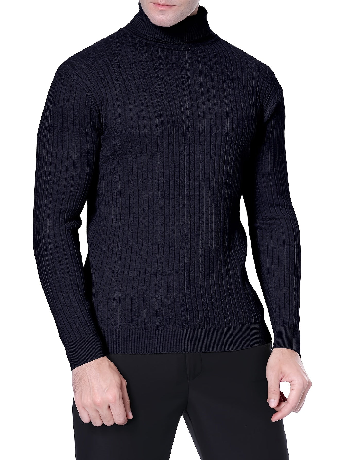 Men's Casual Turtleneck Sweater - Long Sleeve Stretch Knit Pullover, Regular Fit Solid Color Golf & Party Wear, Autumn Winter Wardrobe Essential, Winter Apparel, Academic Style, Ribbed Texture, Cold Weather Clothing, Classic