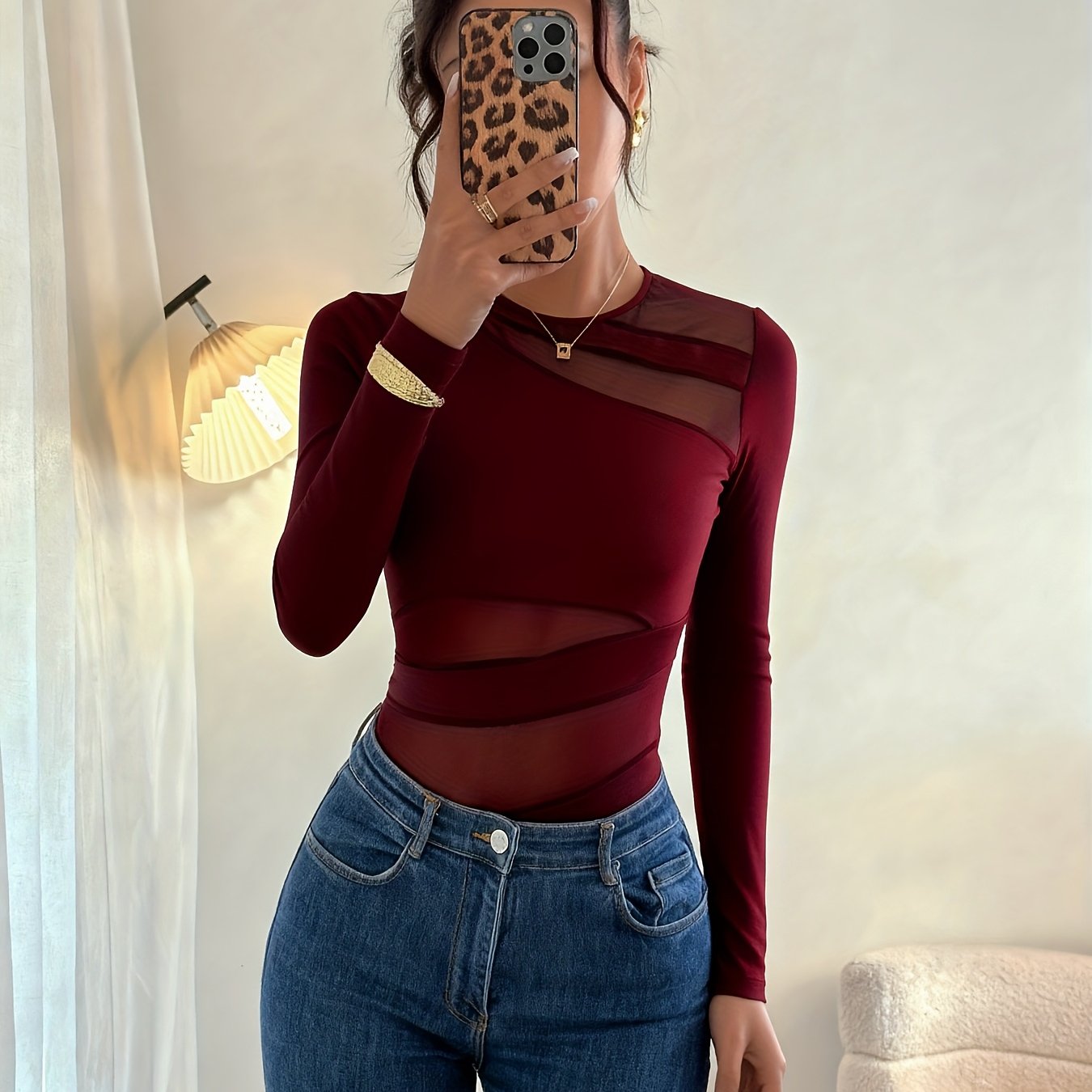 Combinaison Femme Sexy Hiver – Manches Longues, Body avec Panneaux en Mesh et Col, Fermeture Boutons Sombre, Tunique Extensible Couleur Unie Marron/Beige, Lavable en Machine, Idéal Soirées ou Tenue Décontractée