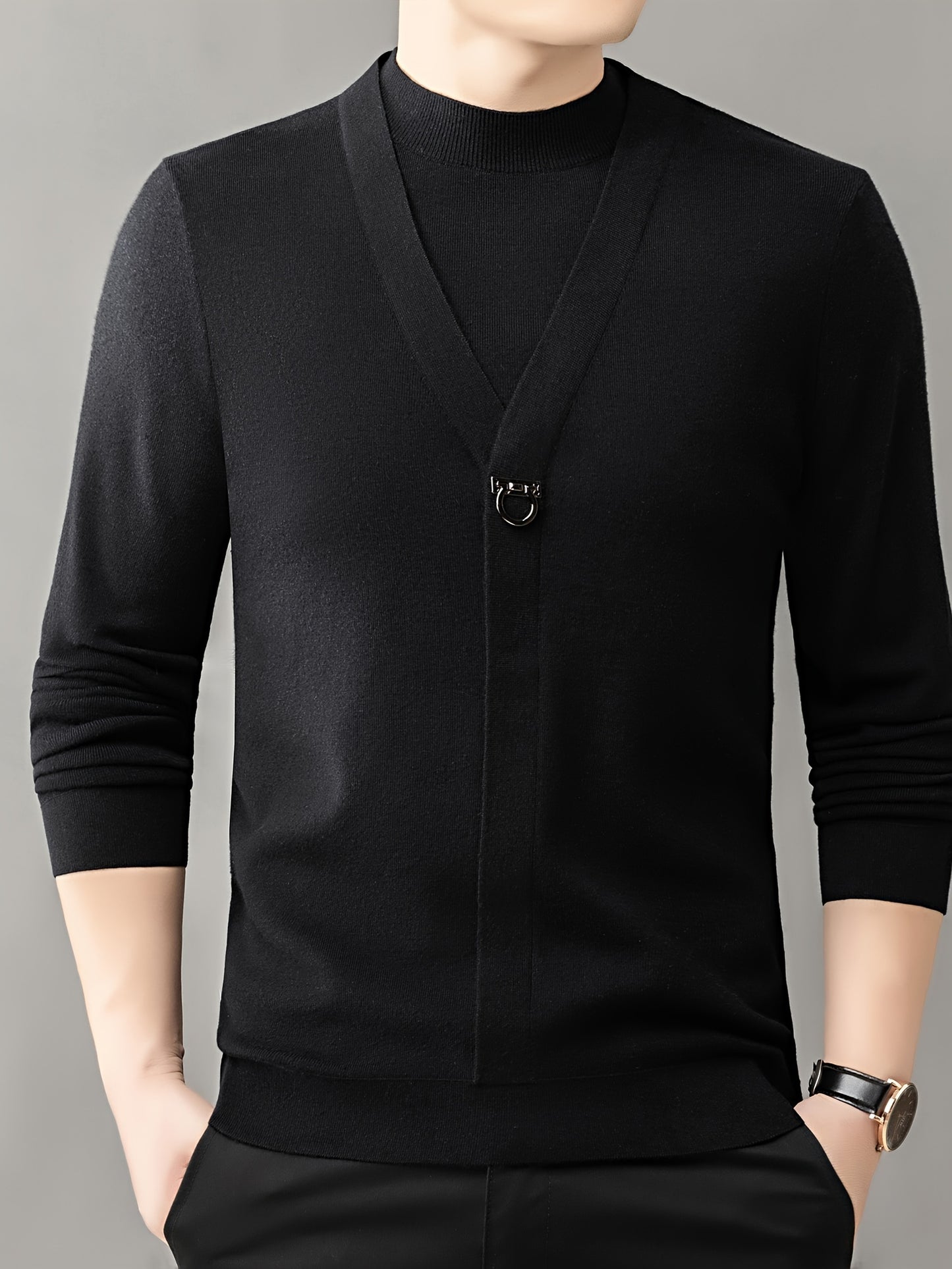 New Autumn And Winter Men'S Fashion: a Round-Neck Long-Sleeve Sweater That Looks Like a Two-Piece, Suitable for Business Casual Wear, Featuring a Faux Placket Design, Knit