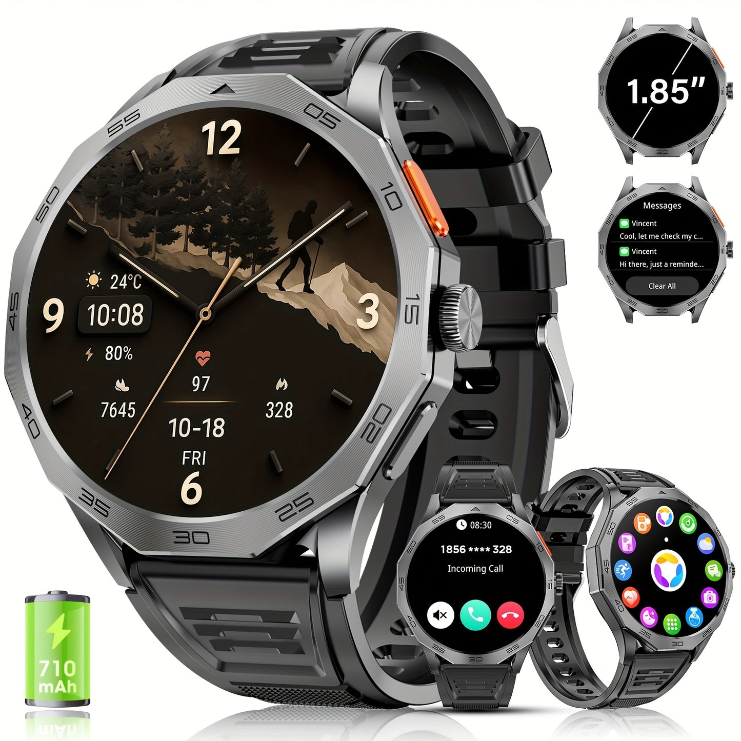 Montre Connectée Homme & Femme – Écran Tactile HD 1,75", Appels (Répondre/Appeler), Modes Sport, Multi-Cadrans, Compatible iPhone & Android, Suivi Santé, Assistant Sport, Design Élégant