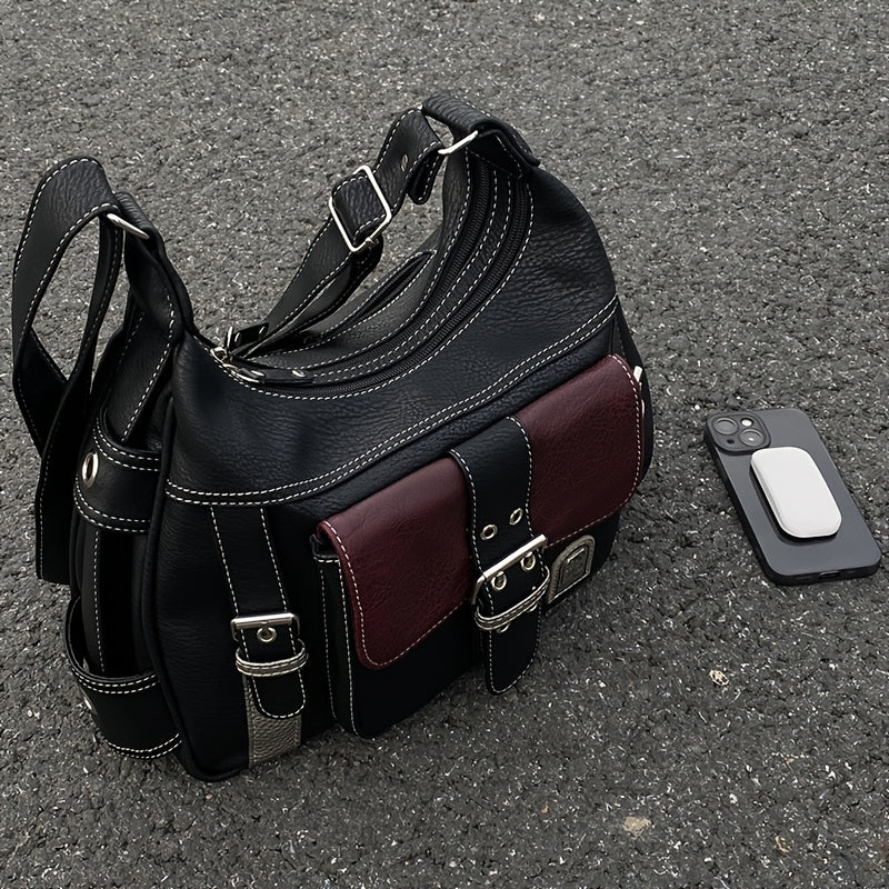 Sac tote rétro urbain pour femmes – Noir, bandoulière réglable, poches zippées