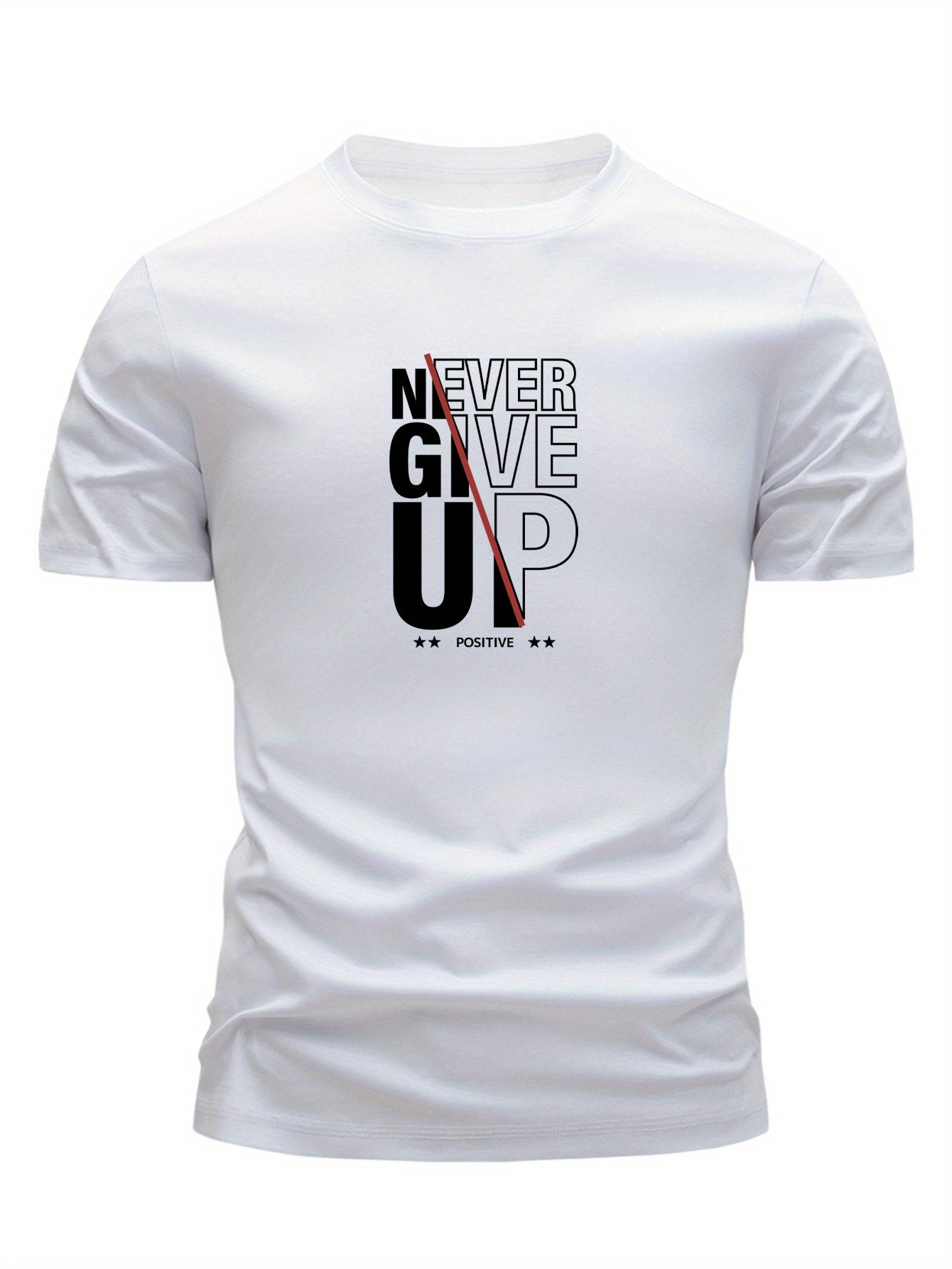 3pcs Men's 100% Slim Fit T-Shirts - Never Give Up Motivational Lettering Print, Breathable Summer Tees with Bold White & Black Lettering, Gym & Everyday Casual Wear, White/Gray/Black with Red Accent - Motivational Apparel for