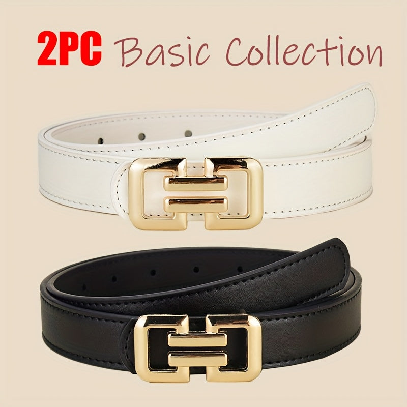 Lot de 2 ceintures fines pour femmes – Noir et blanc, combo ceinture et boucle, éléments dorés, 3 styles (rond/noir/blanc) pour jeans, shorts et robes, ceintures fines polyvalentes pour usage quotidien, mariages, fêtes et bureau (tailles standard)