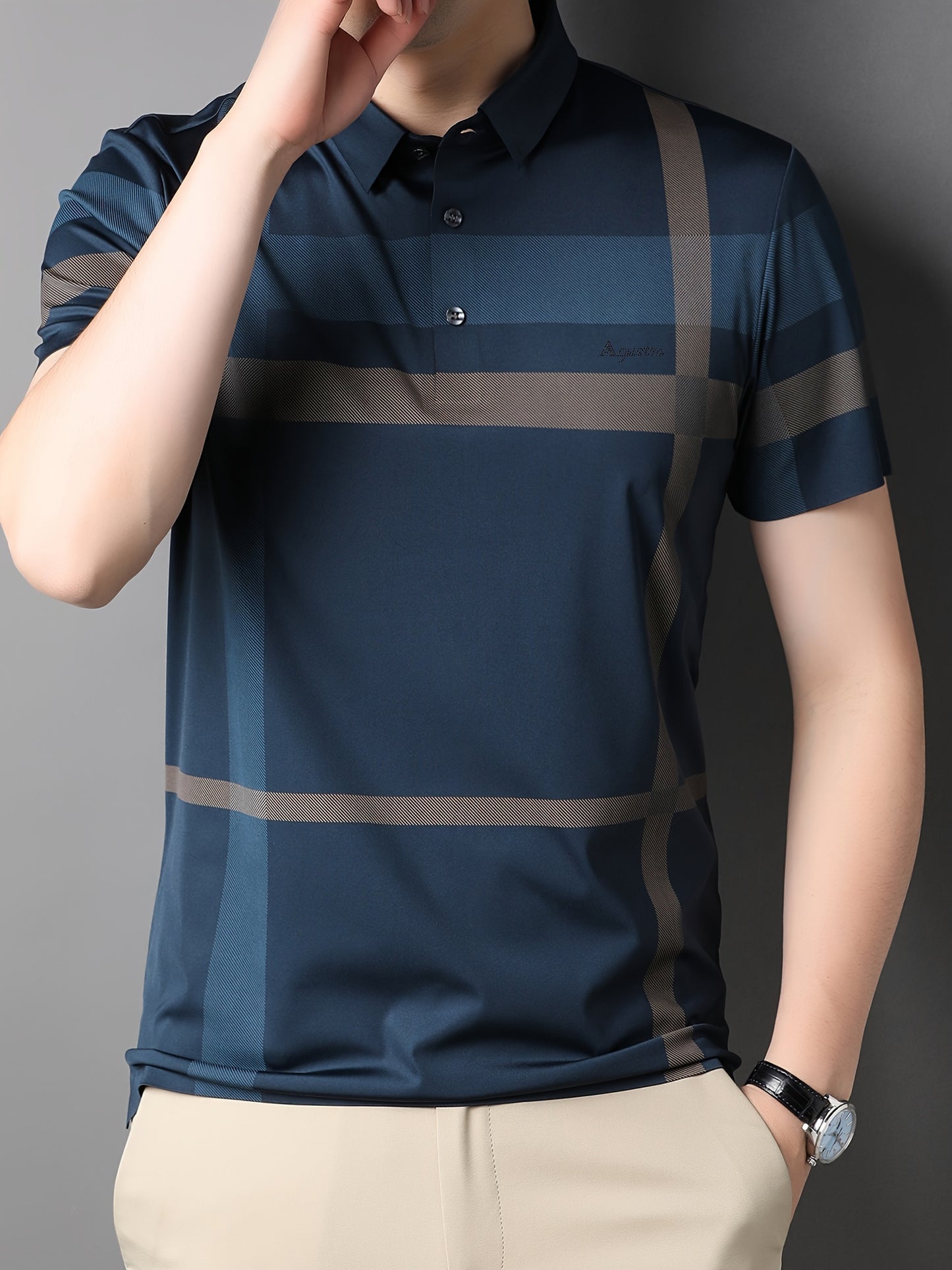 Summer New Men's Short Sleeve T-Shirt with Plaid Collar