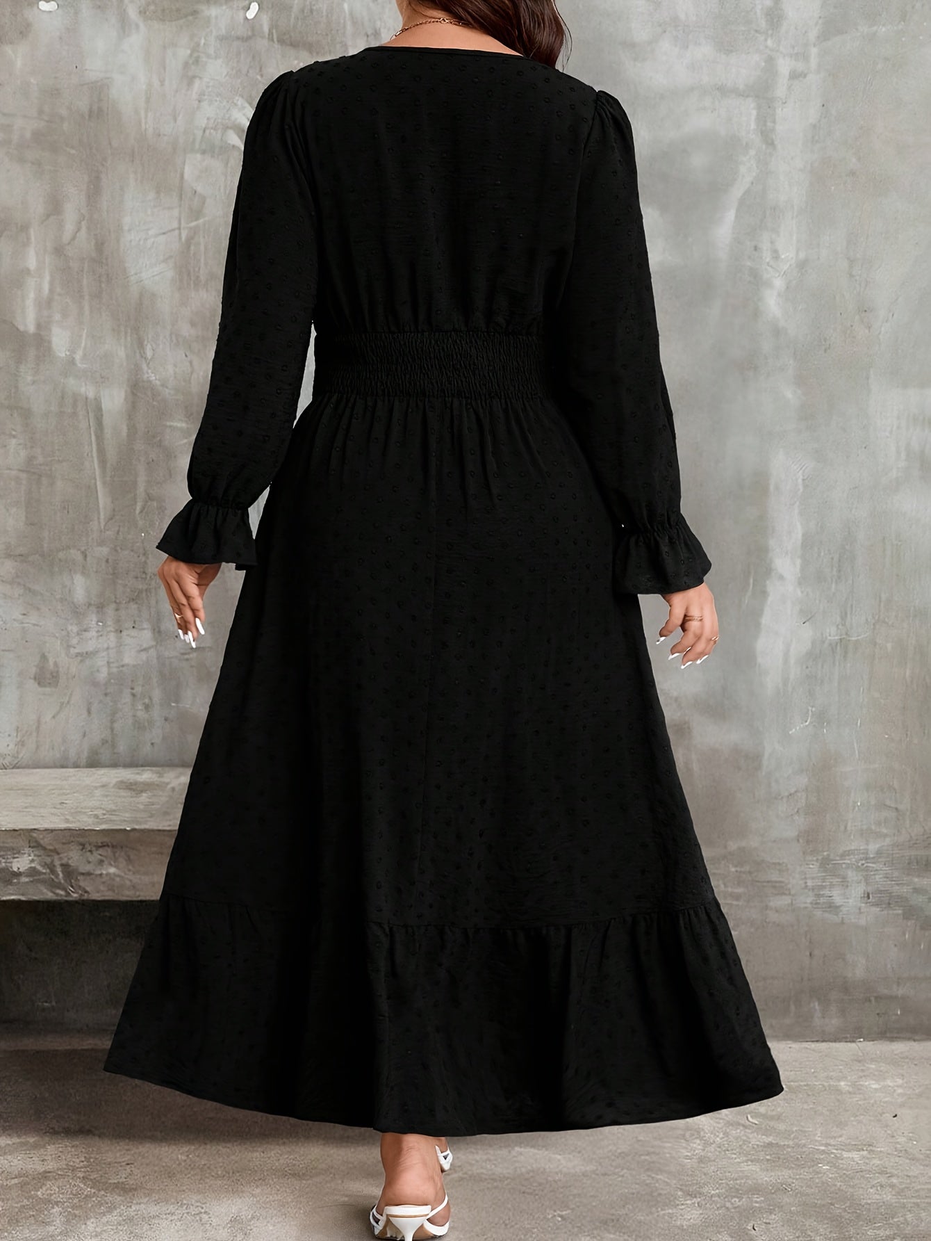 Robe maxi élégante grande taille femme – col en V, manches longues, coupe A-line, noire, longue pour occasions formelles et semi-formelles, col style poinsettia, tenue invitée mariage hiver, non lavable en machine, sans rembourrage poitrine