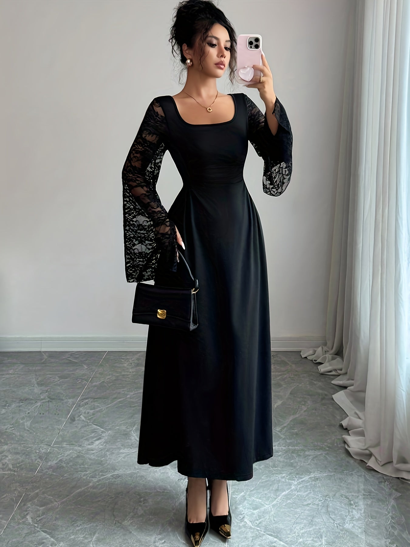 2025 New Fall/Winter Vintage Black Lace Tulle Square Neck Bell Sleeves Split Long-Sleeve Maxi Dress | Elegant Fit and Flare Silhouette with Contrast Lace Details