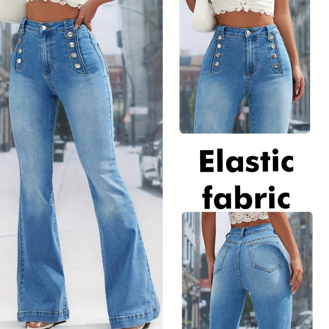 Jean Femme Taille Haute Stretch Coupe Évasée Polyvalent