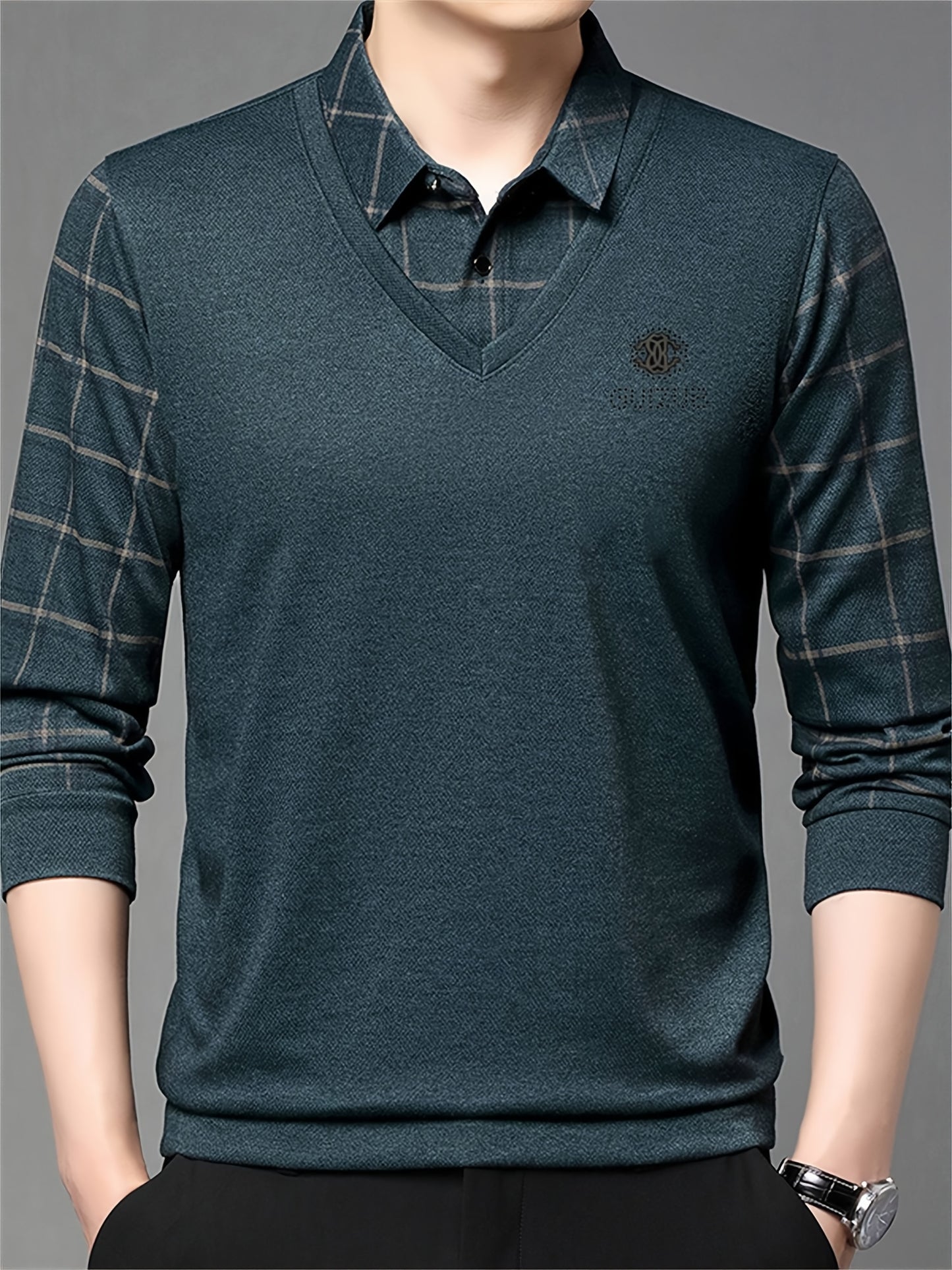 New Men'S Long-Sleeve Faux Two-Piece Polo Shirt for Spring And Autumn, Featuring a Checkered Inner Layer, Perfect for Casual Daily Wear And Light Business Attire During The Spring And Autumn Seasons, a Great Gift for Men.