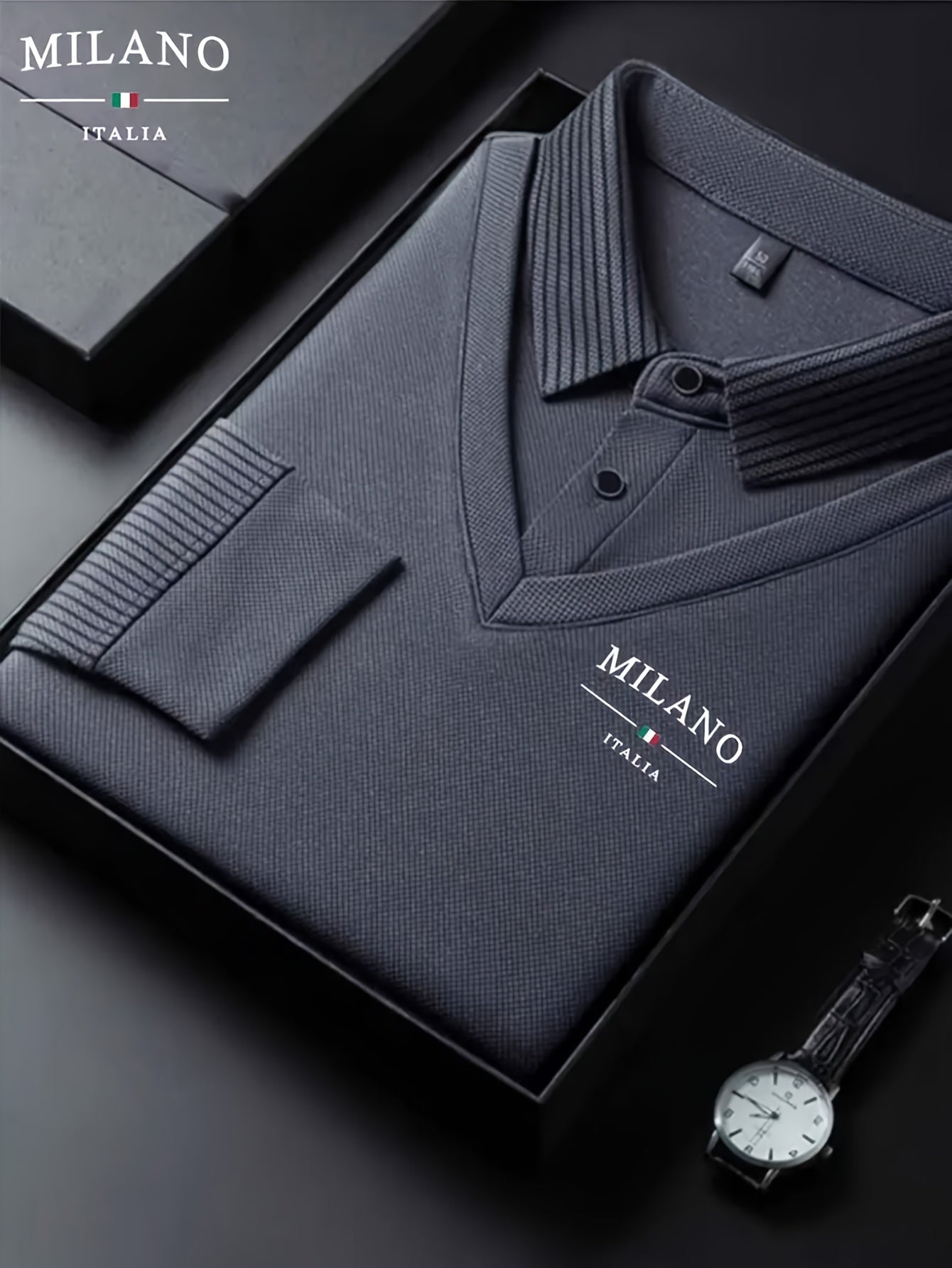 Men'S Faux Two-Piece Shirt Collar Knitwear, a Business Casual Striped Patchwork Top Featuring a Milano Letter Print Design, Available in Various Colors. It Has a Gray And Golden Contrasting Collar And Cuffs, a Simple Solid Co