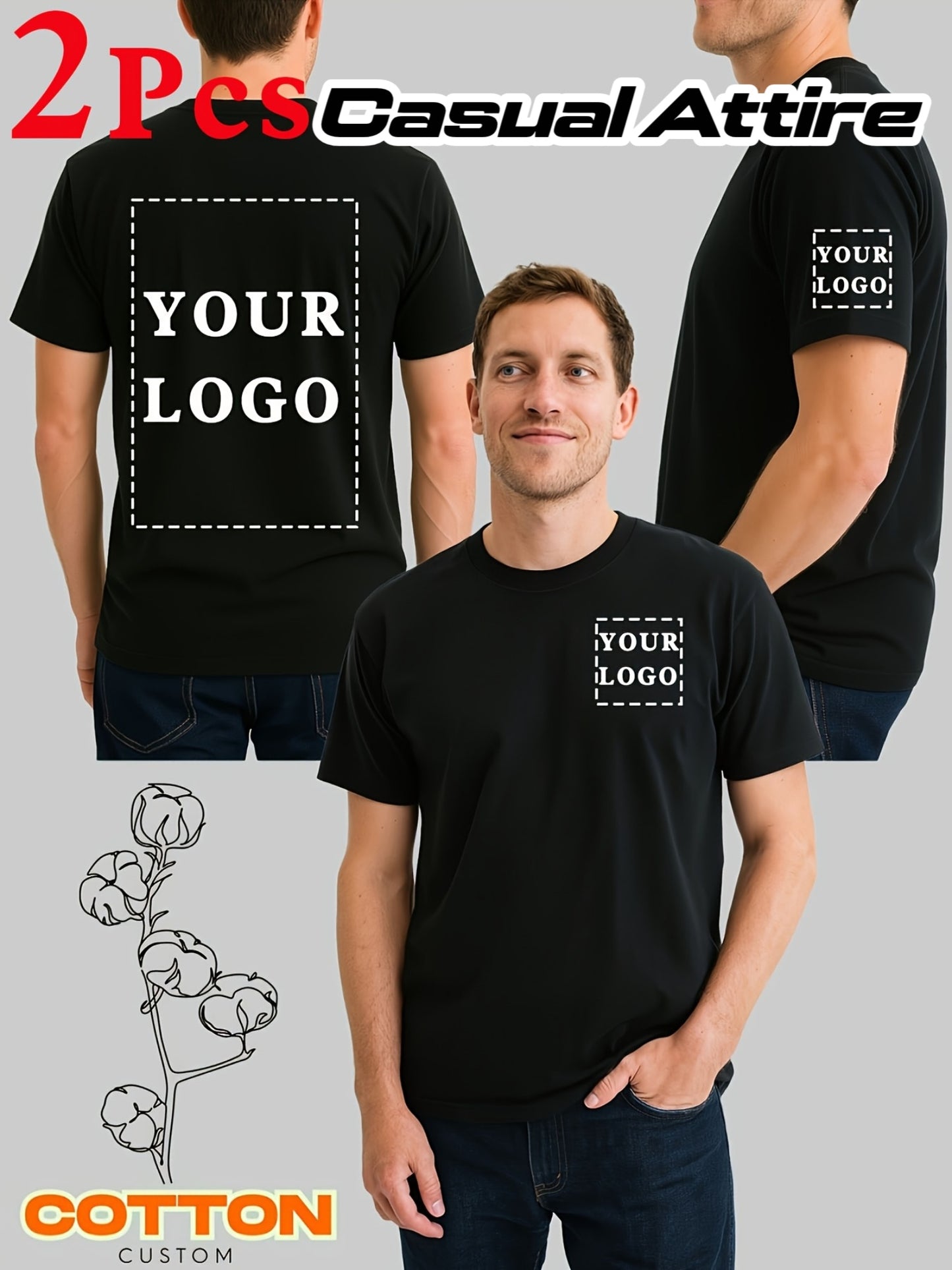 2pcs Men's 100% Cotton Custom T-Shirts 2-Sided Printing - Personalized Text/Logo/Photo Printing on Chest, Back & Sleeve - DIY Customizable Short Sleeve Round Neck Tees for Promotional Events, Team Uniforms, Casual Attire - Ma