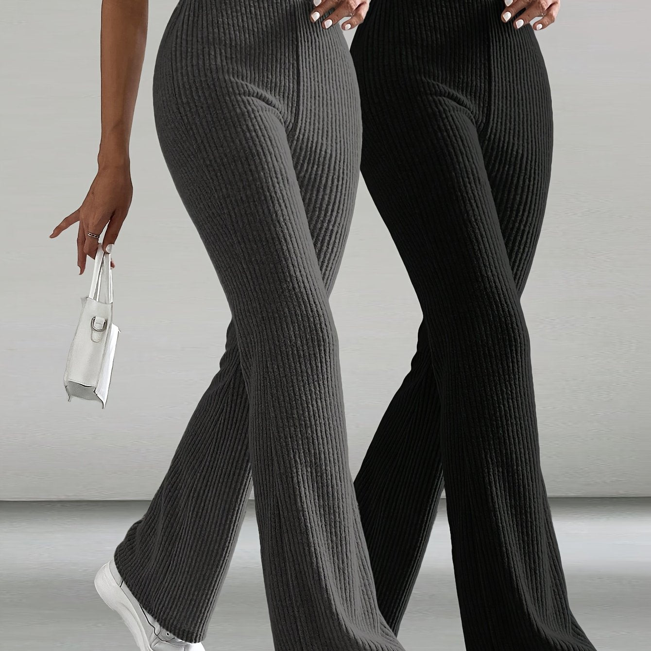 Lot de 2 Pantalons Femme Élégants – Jambe Large, Couleur Unie, Taille Élastique, Ourlet Évasé, Tous Saisons, Bureau et Décontracté