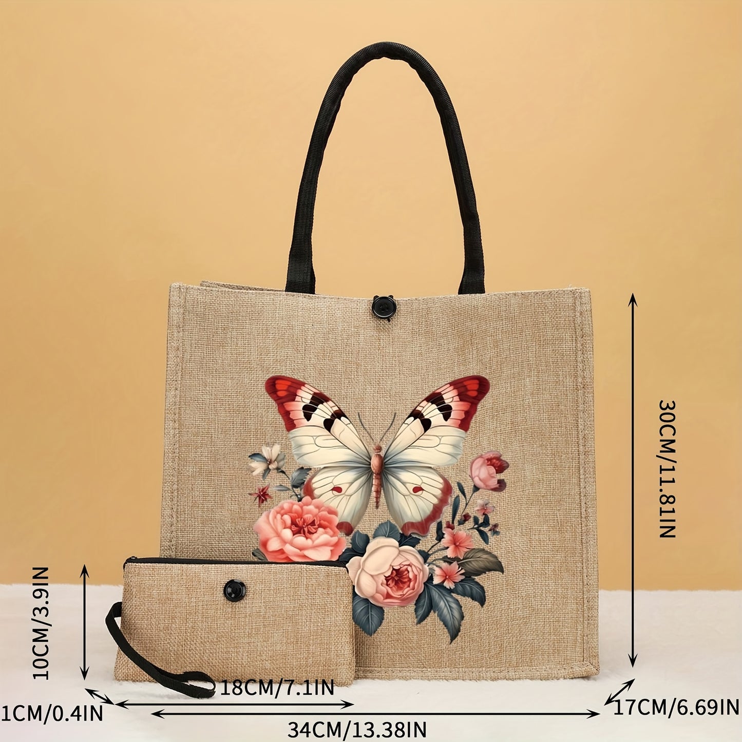 Set 2 Sacs Cabas à Motif Papillon et Fleurs – Tissu Durable, Fermeture à Boucle, Portefeuille Inclus, Idéal pour Shopping, Voyages, Plage – Cadeau Parfait pour Enseignants, Amies, Camarades de Classe, Meilleures Amies et Sœurs
