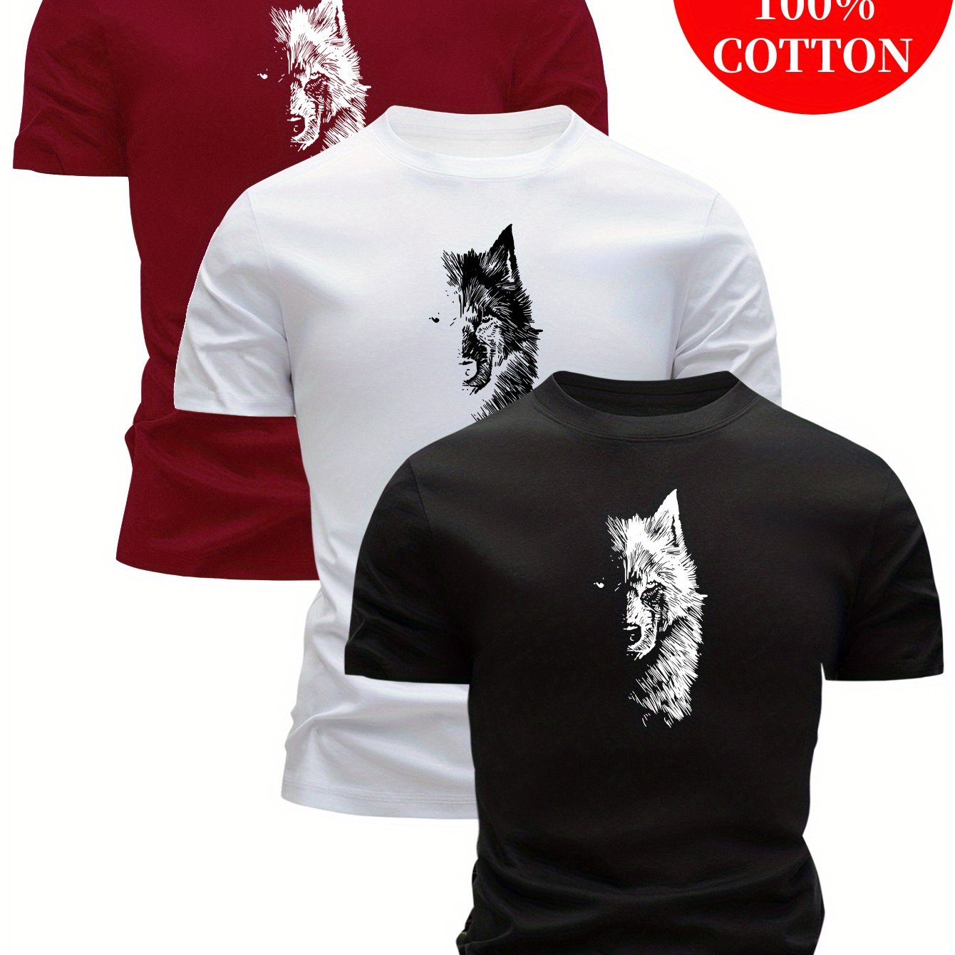 3pcs 100% Cotton T-Shirts with Wolf Graphic, Casual Crew Neck in Multiple Colors for Men