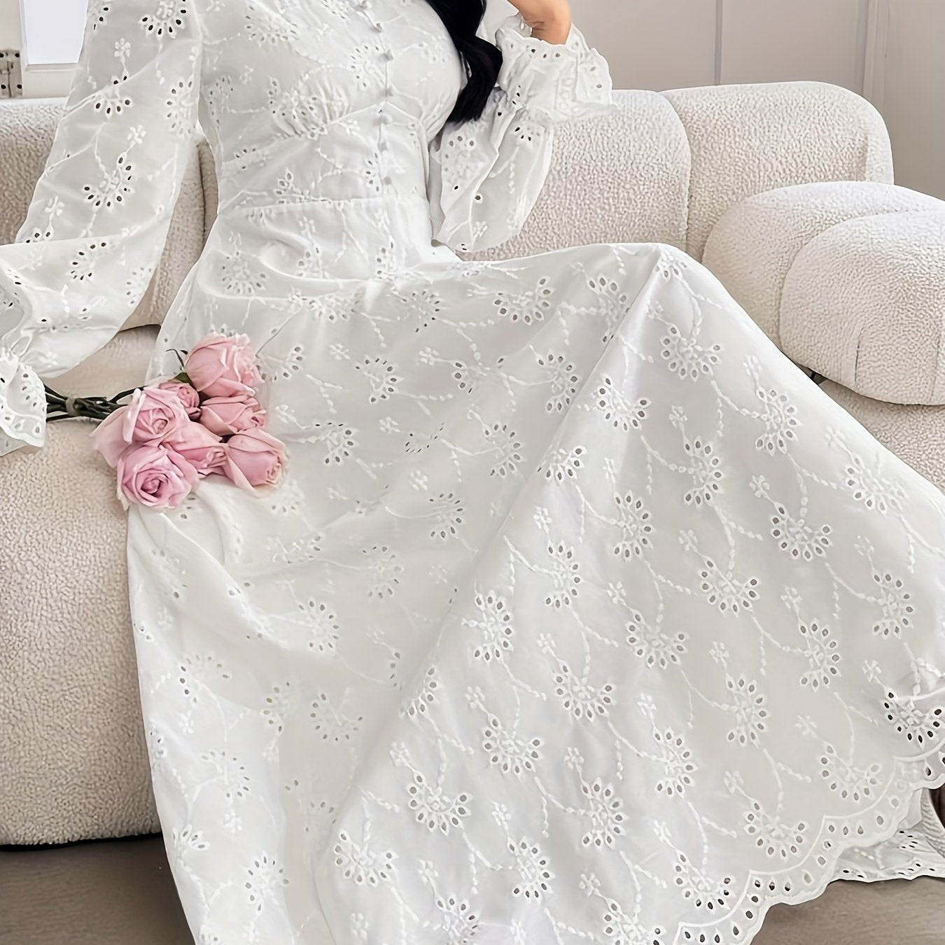 Women'S French Embroidered Stand Collar Puff Sleeve Dress Featuring a Ruffled Design, Suitable for Dates, Vacations, Parties, And Everyday Commuting.