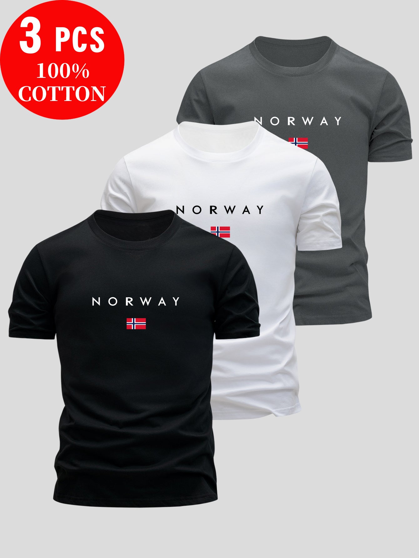 3pcs Men'S 100% Cotton T-Shirts - Breathable & Sweat-Wicking, Slim Fit Crew Neck Short Sleeve Tees with "NORWAY" Graphic Print, Casual Summer Tops in Black, White & Grey, Sweat-Resistant, Lightweight & Comfortable for Casual