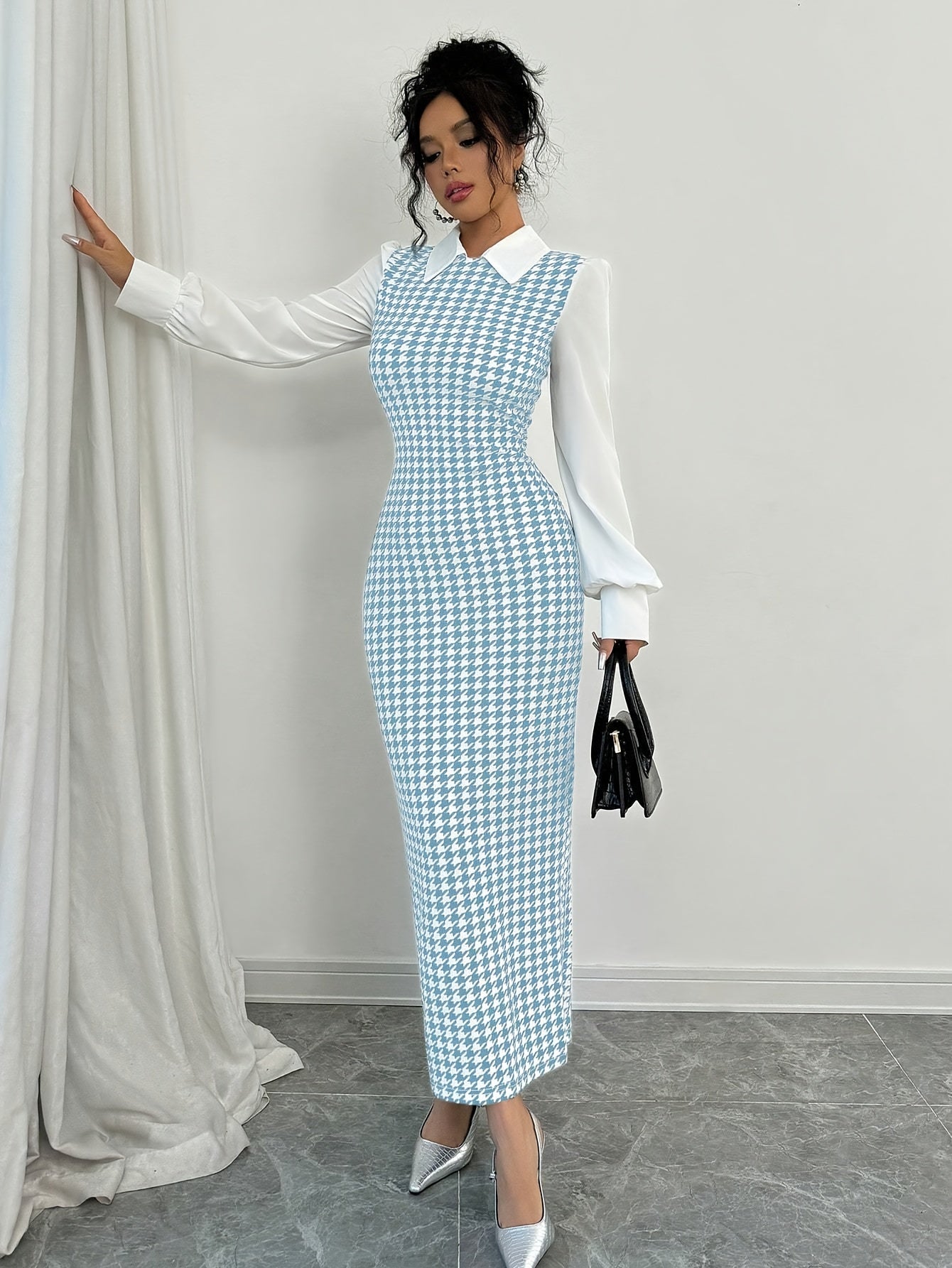 Ladies' Elegant Houndstooth Slim-Fit Lantern Sleeve Dress
