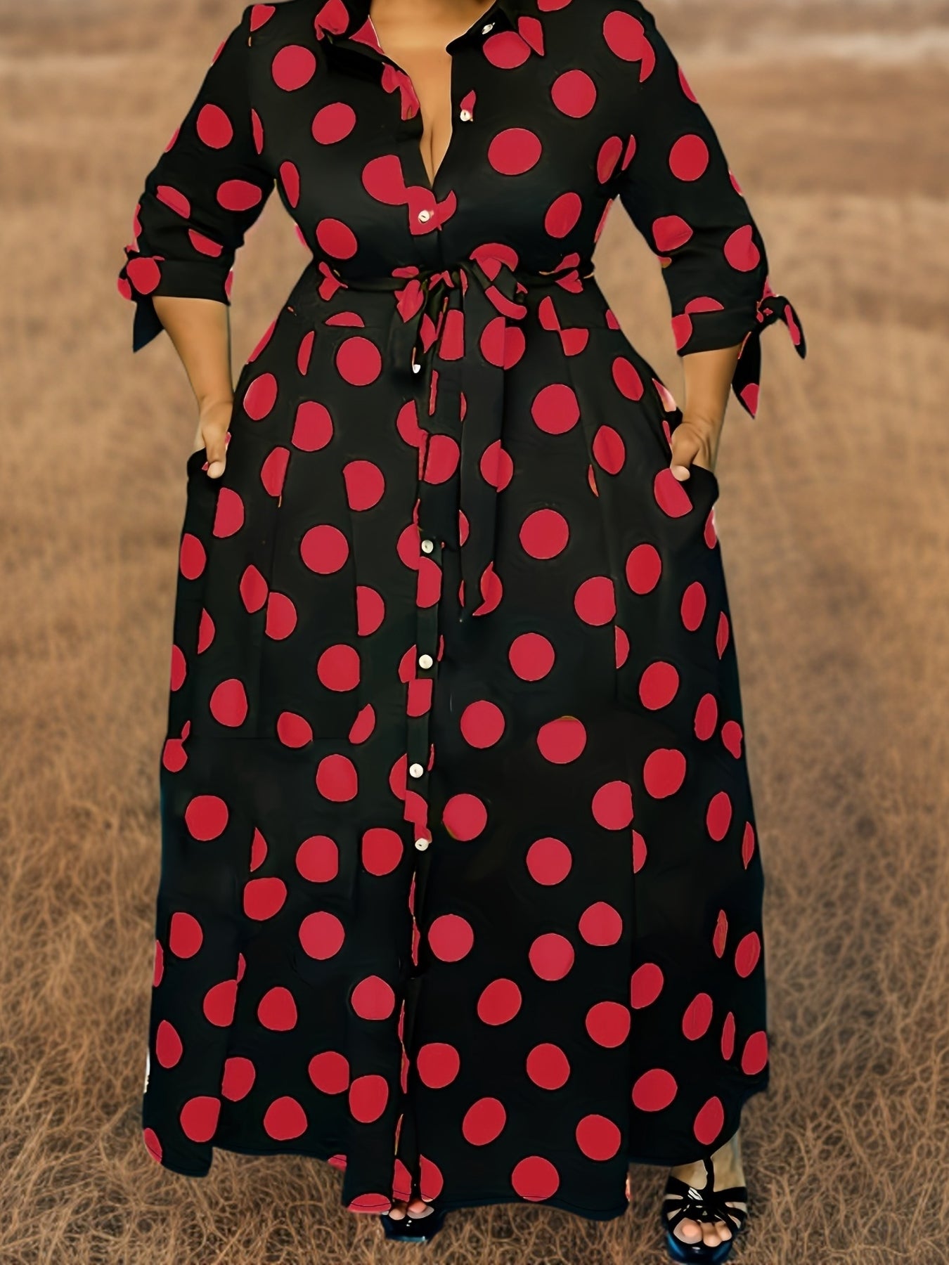Robe Élégante Grande Taille – Femme, Maxi Robe à Pois, Boutonnée, Col avec Ceinture