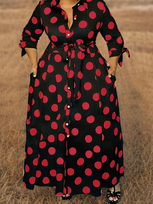 Robe Élégante Grande Taille – Femme, Maxi Robe à Pois, Boutonnée, Col avec Ceinture
