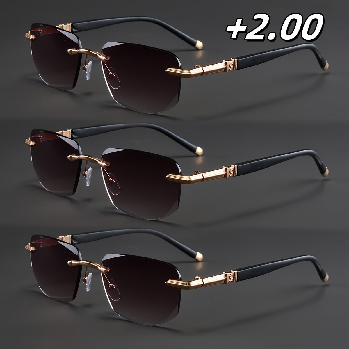 3-Pack, Stylish Men's Frameless Reading Glasses, Elegant Metal Frame, Options: 100, 150, 200, 250, 300, 350, 400 Degrees,christmas Gifts